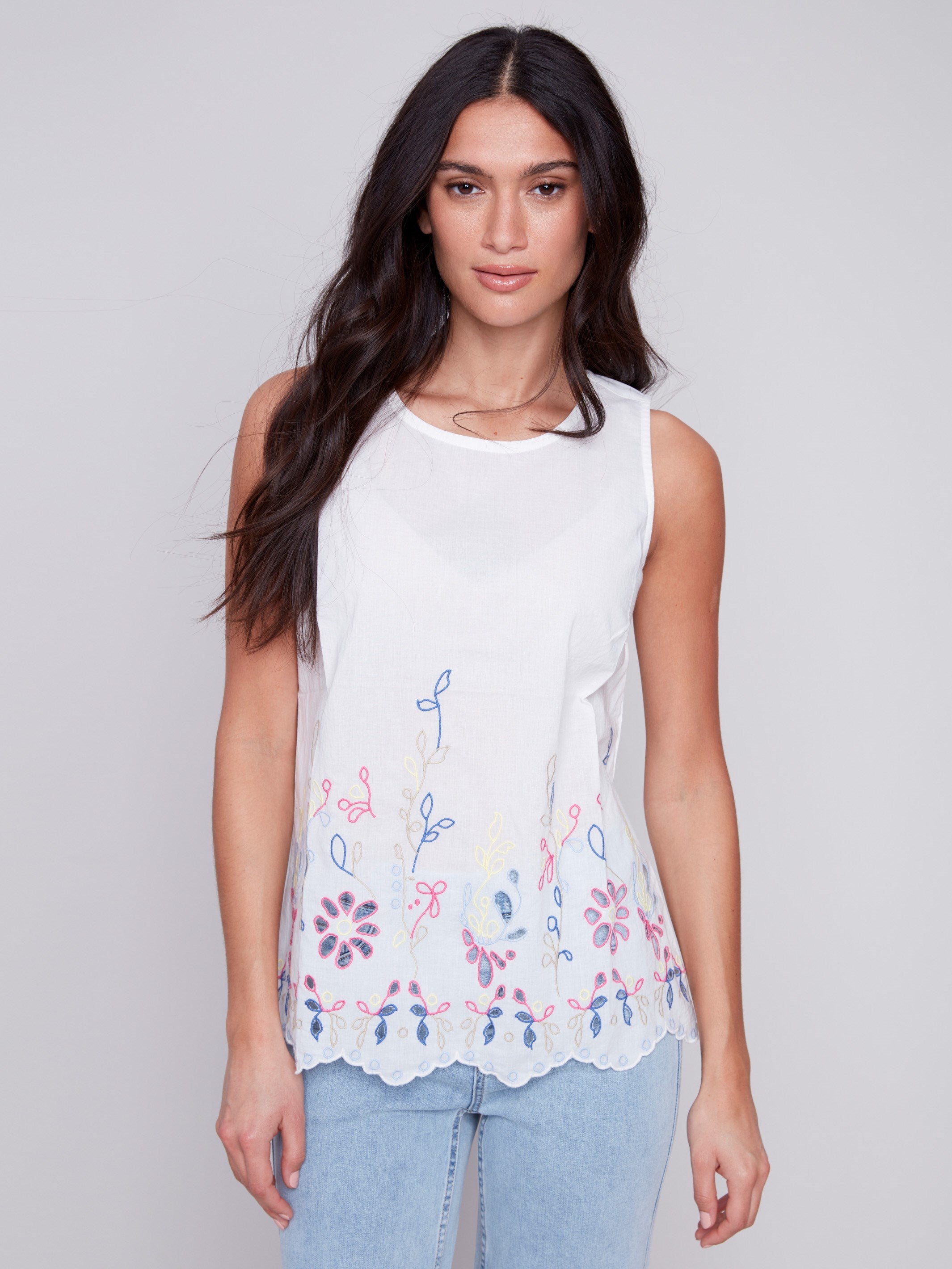 Sleeveless Embroidered Cotton Top - White - Charlie B Collection Canada - Image 1