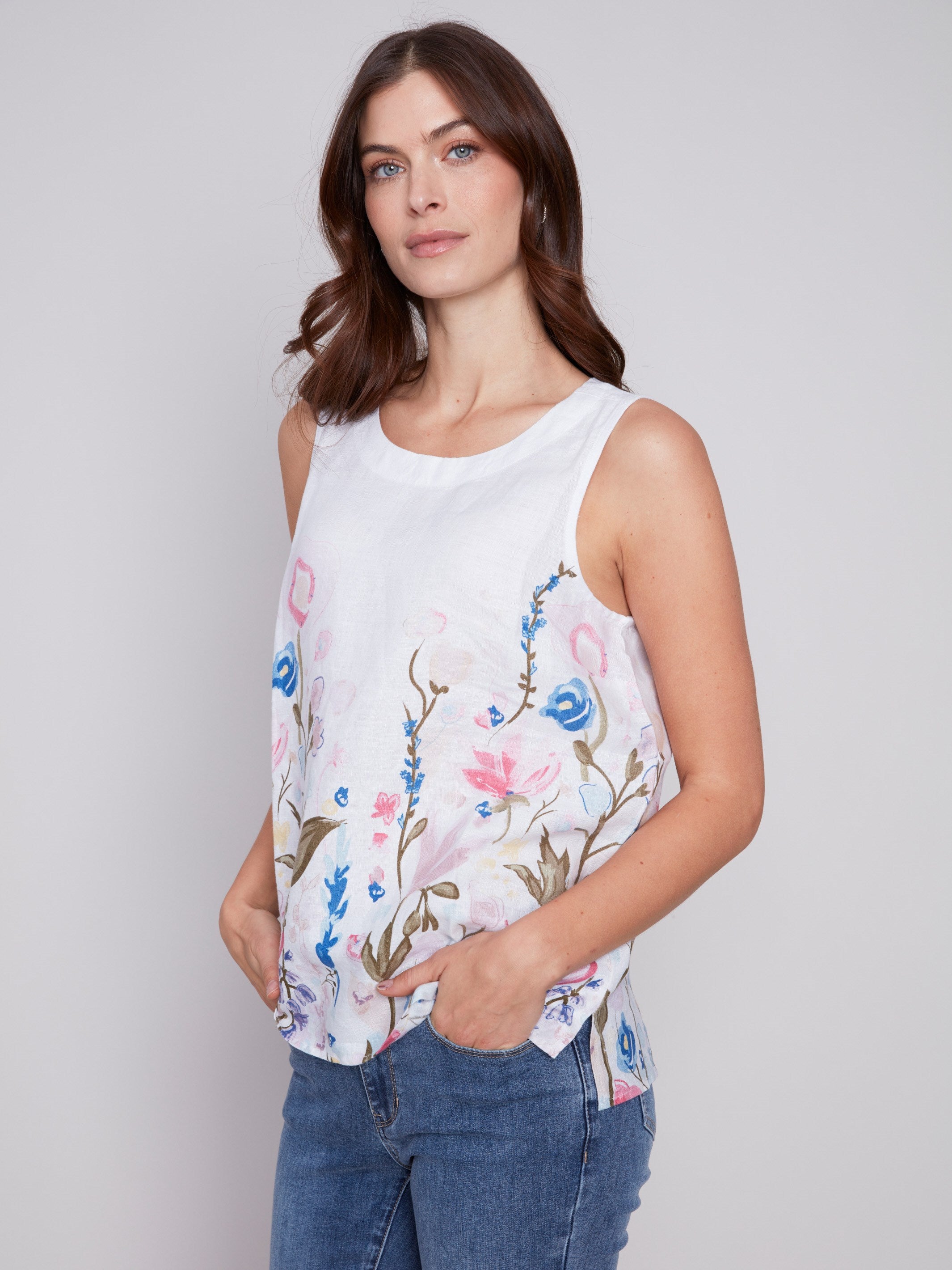 Sleeveless Floral Printed Linen Top - Pastel - Charlie B Collection Canada - Image 1