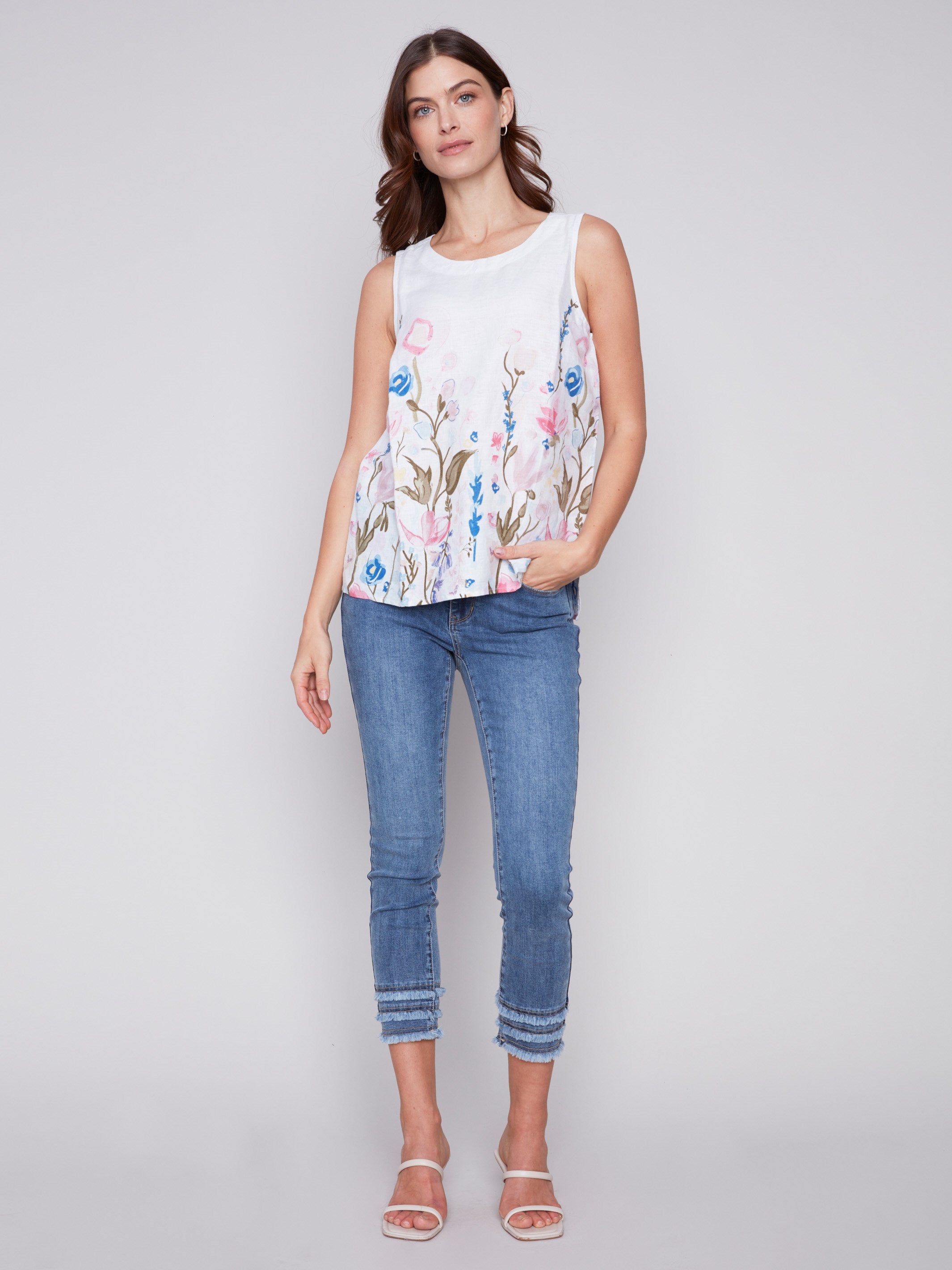 Sleeveless Floral Printed Linen Top - Pastel - Charlie B Collection Canada - Image 3