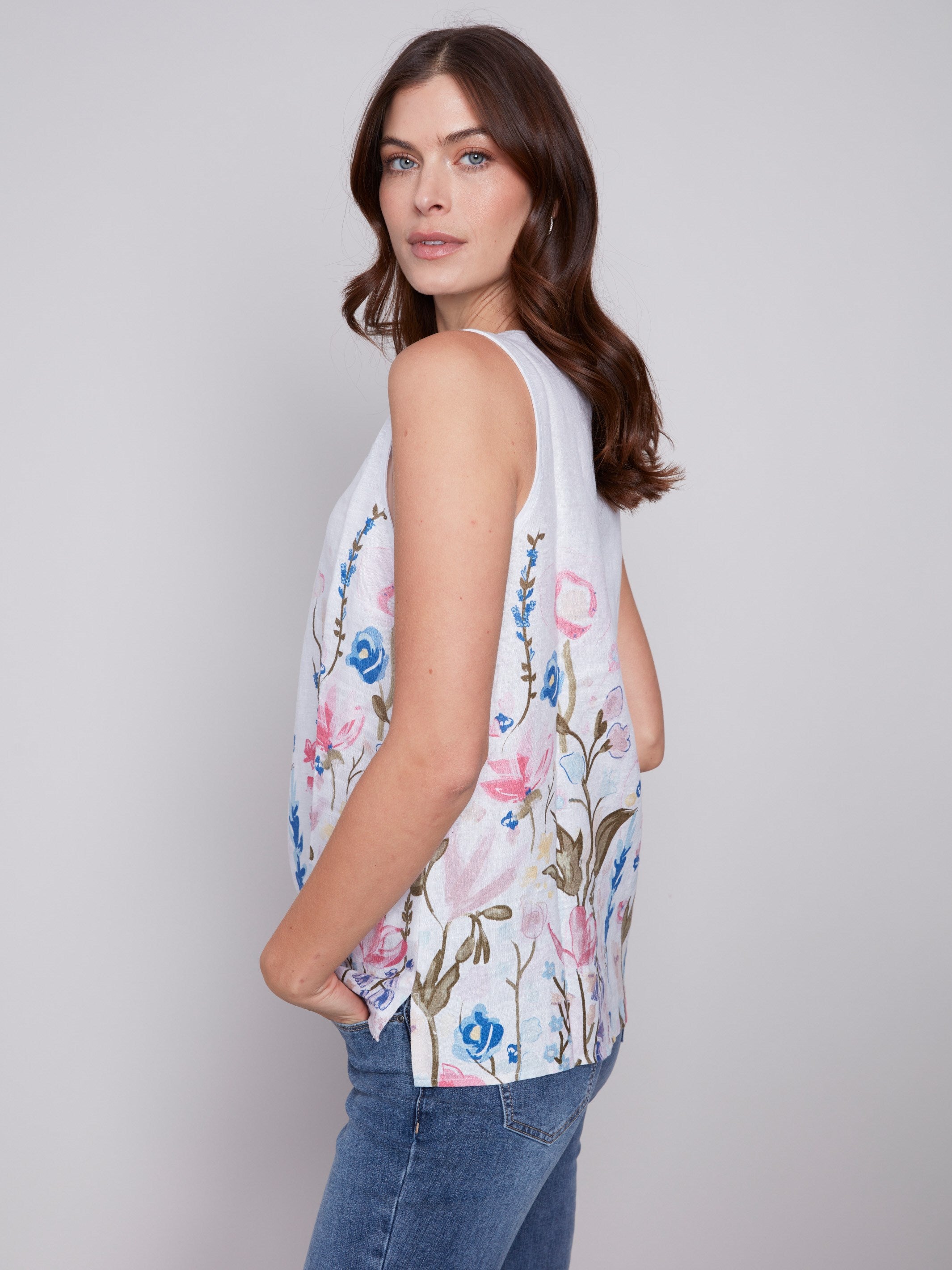 Sleeveless Floral Printed Linen Top - Pastel - Charlie B Collection Canada - Image 5