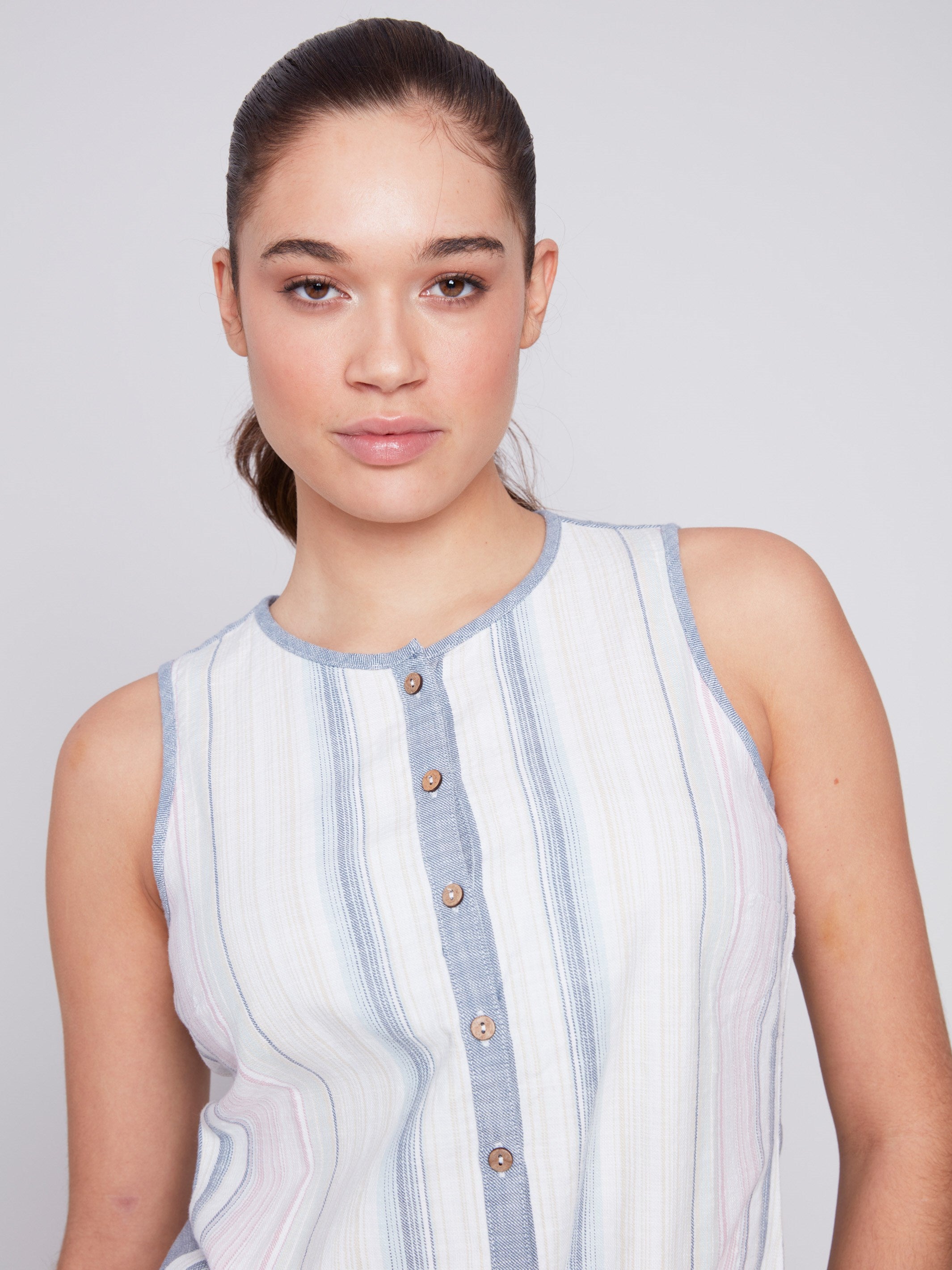 Sleeveless Front Tie Blouse - Denim - Charlie B Collection Canada - Image 4