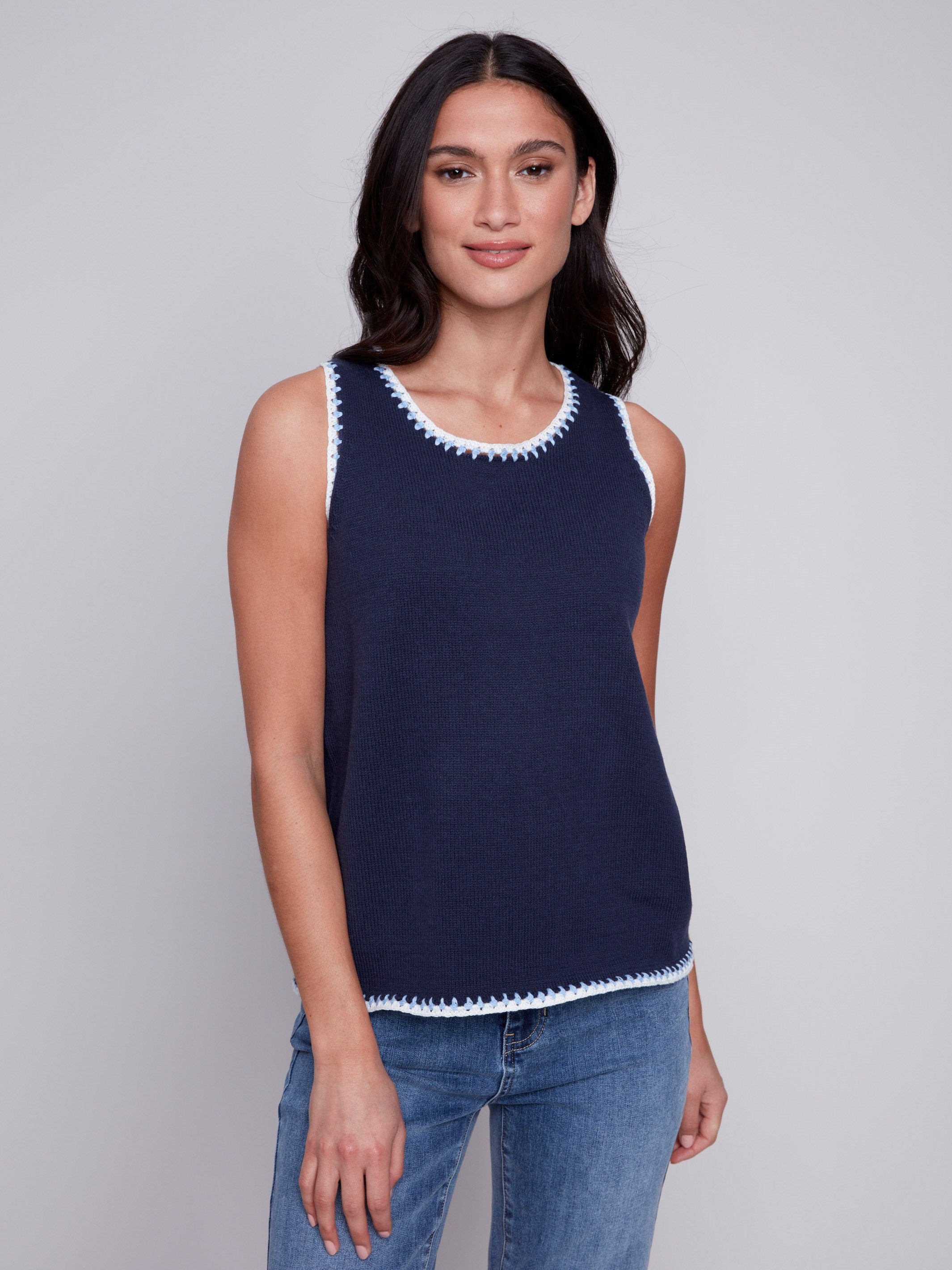 Sleeveless Knit Top with Crochet Detail - Navy - Charlie B Collection Canada - Image 1