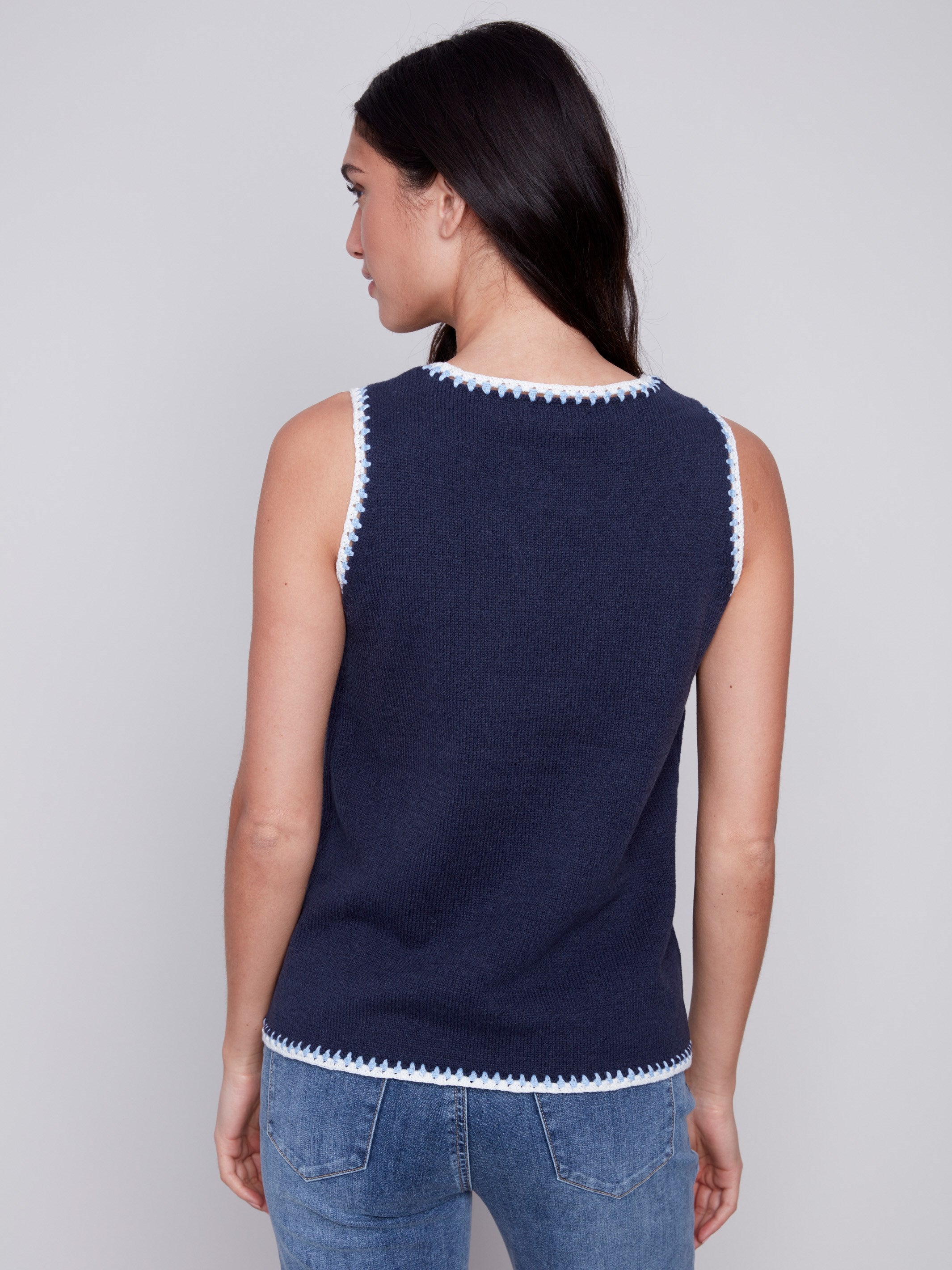 Sleeveless Knit Top with Crochet Detail - Navy - Charlie B Collection Canada - Image 2