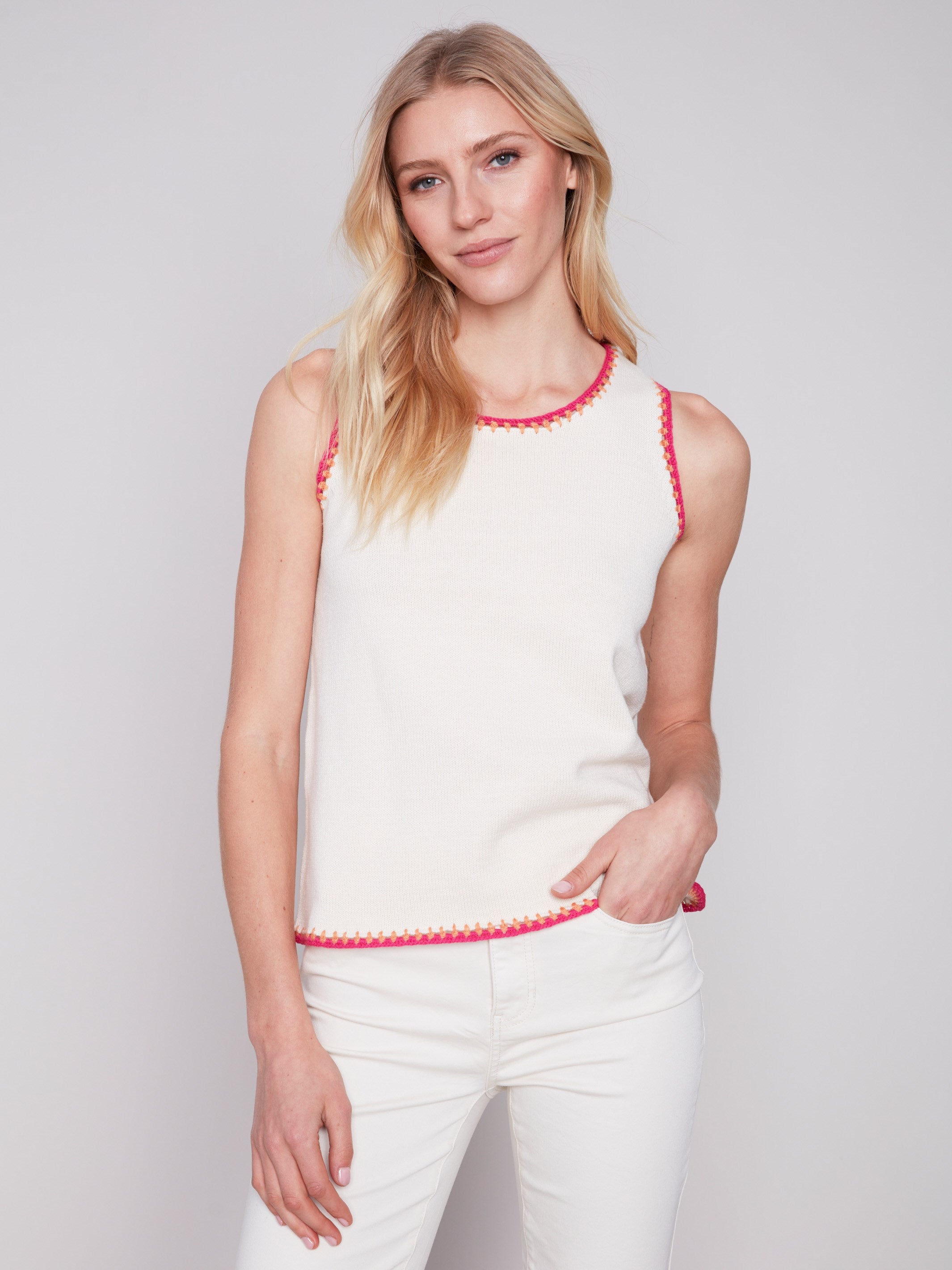 Sleeveless Knit Top with Crochet Detail - Natural - Charlie B Collection Canada - Image 1