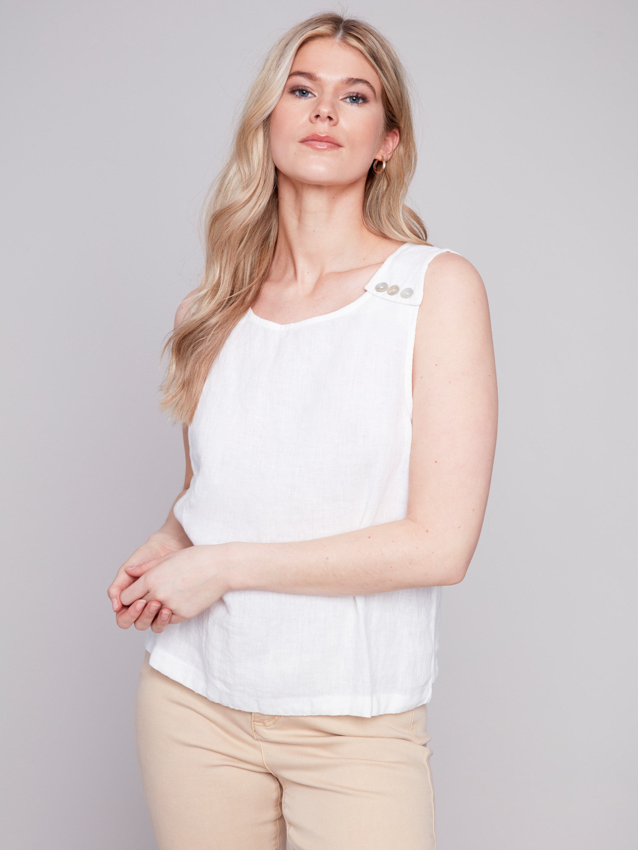 Sleeveless Linen Top with Button Detail - White - Charlie B Collection Canada - Image 1