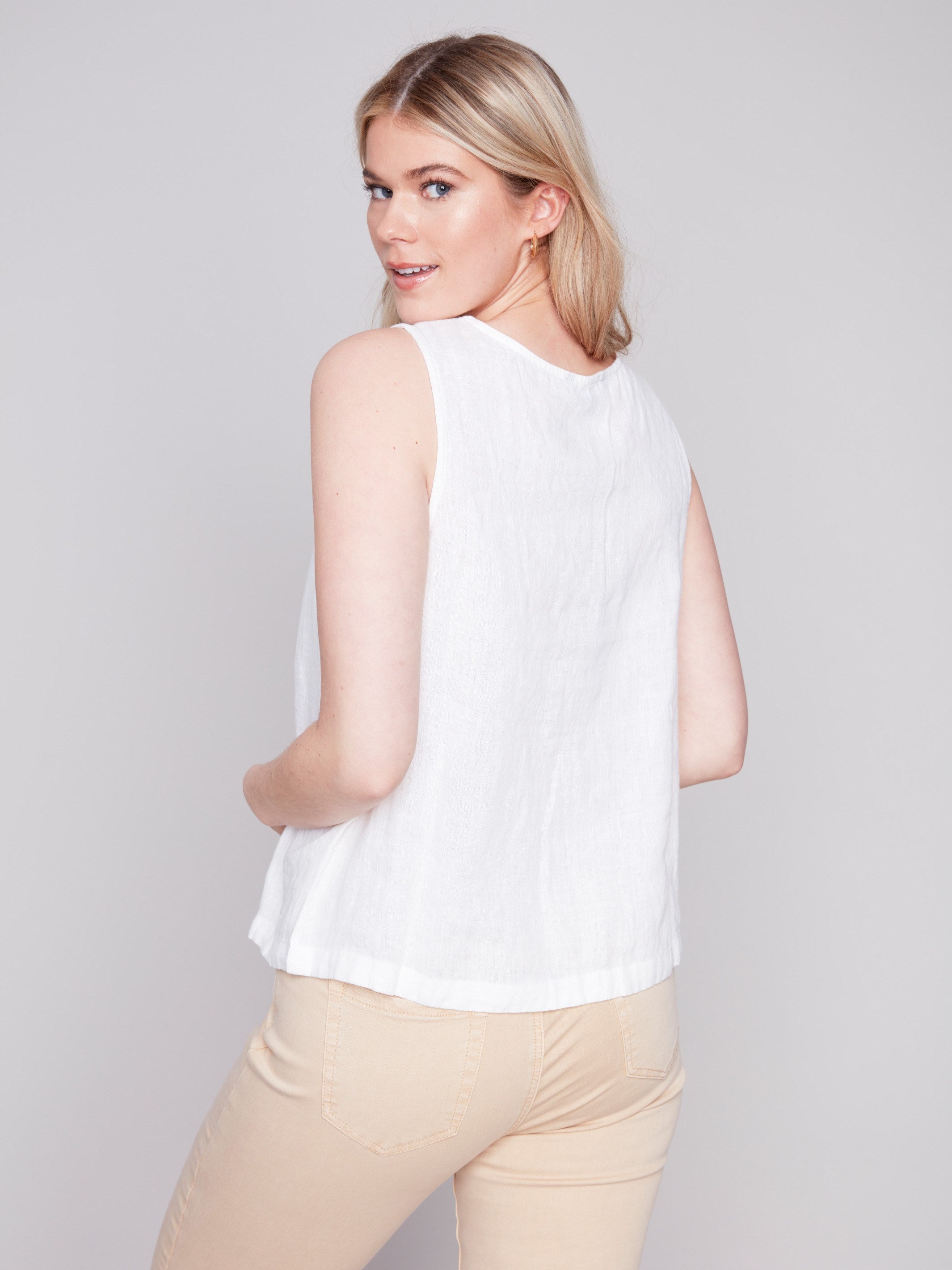 Sleeveless Linen Top with Button Detail - White - Charlie B Collection Canada - Image 2
