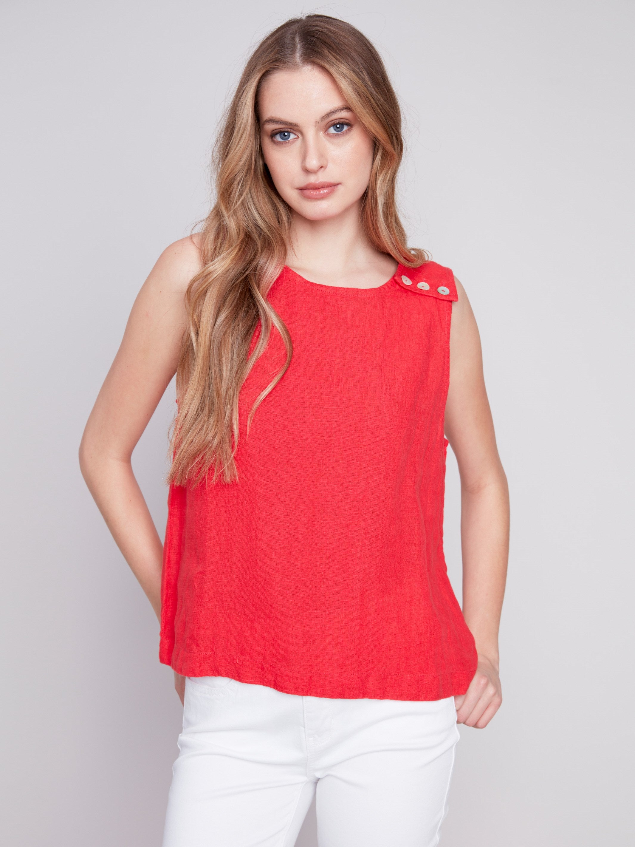 Sleeveless Linen Top with Button Detail - Cherry - Charlie B Collection Canada - Image 1