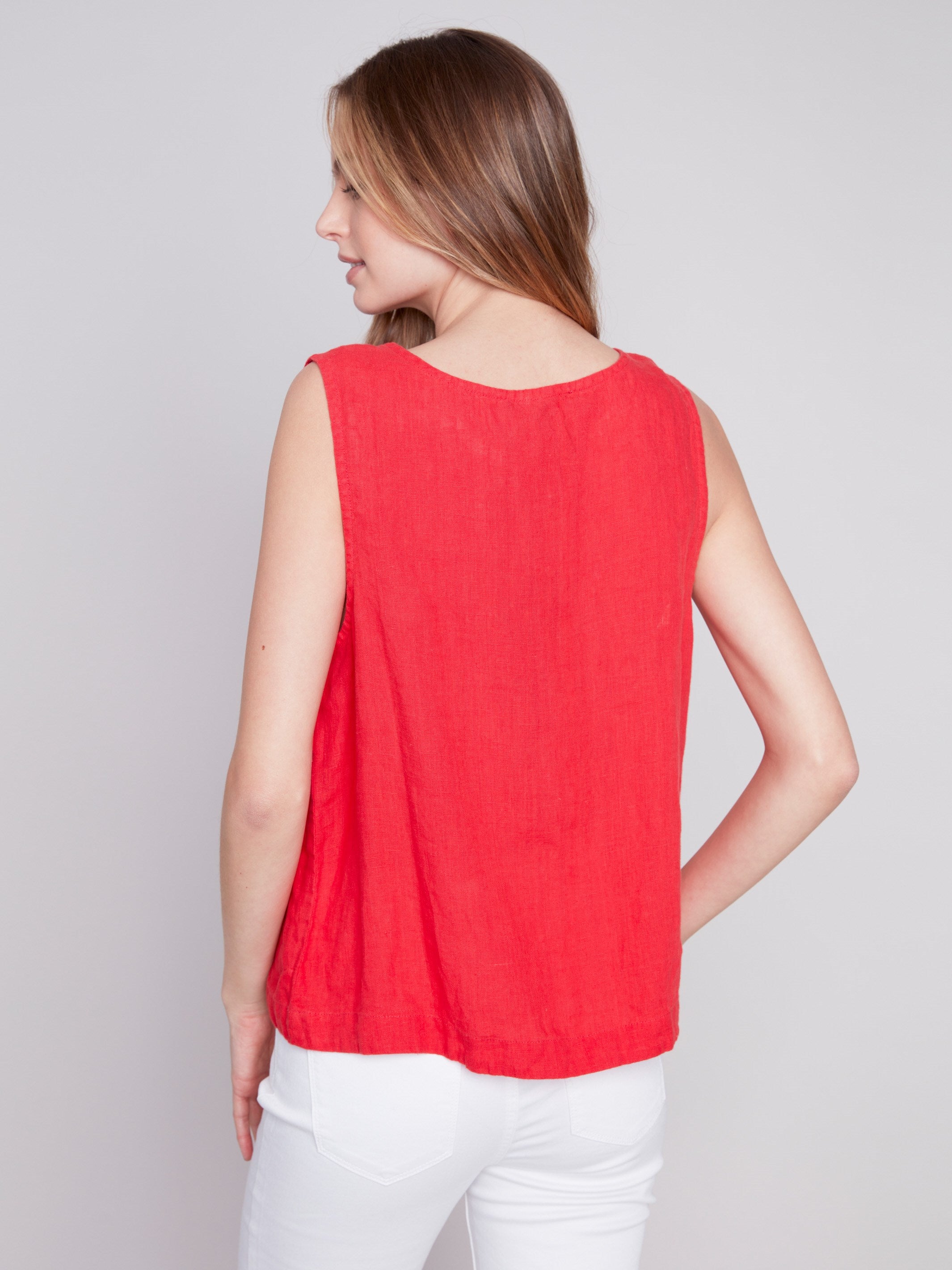 Sleeveless Linen Top with Button Detail - Cherry - Charlie B Collection Canada - Image 2