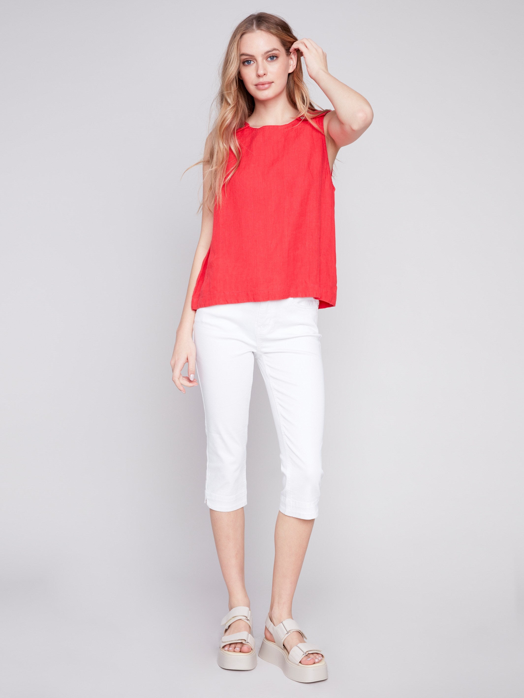 Sleeveless Linen Top with Button Detail - Cherry - Charlie B Collection Canada - Image 3