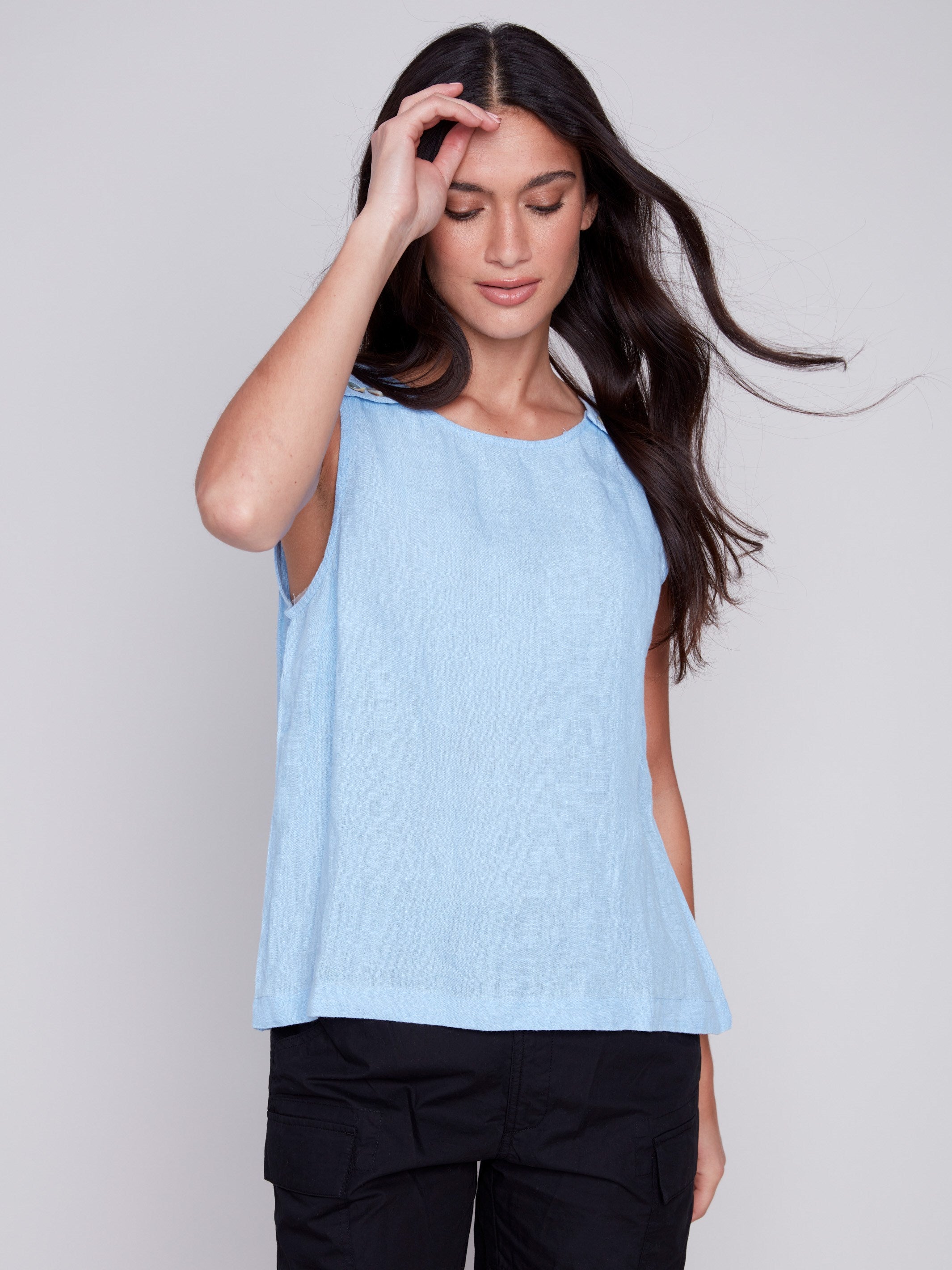 Sleeveless Linen Top with Button Detail - Sky - Charlie B Collection Canada - Image 2