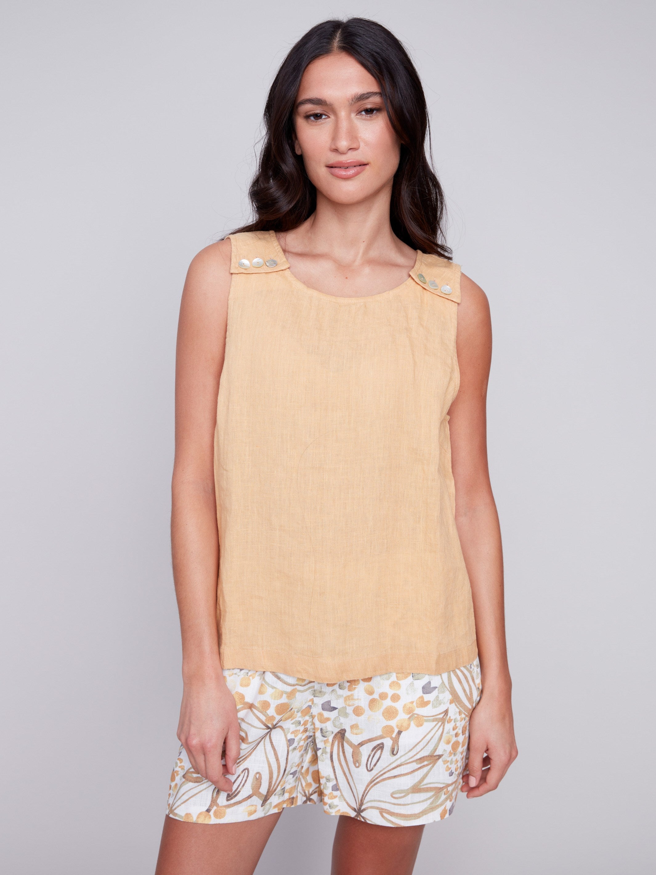 Sleeveless Linen Top with Button Detail - Corn - Charlie B Collection Canada - Image 1