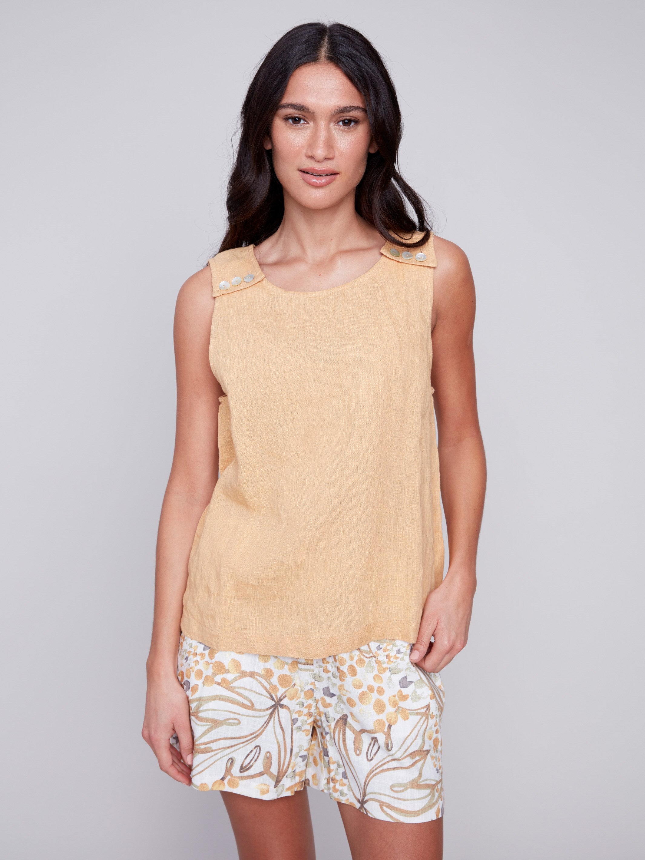 Sleeveless Linen Top with Button Detail - Corn - Charlie B Collection Canada - Image 3