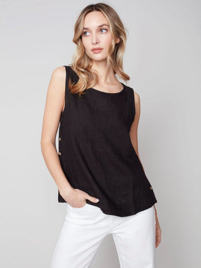Sleeveless Linen Top with Side Buttons - Black - C4425 Charlie B Collection Canada
