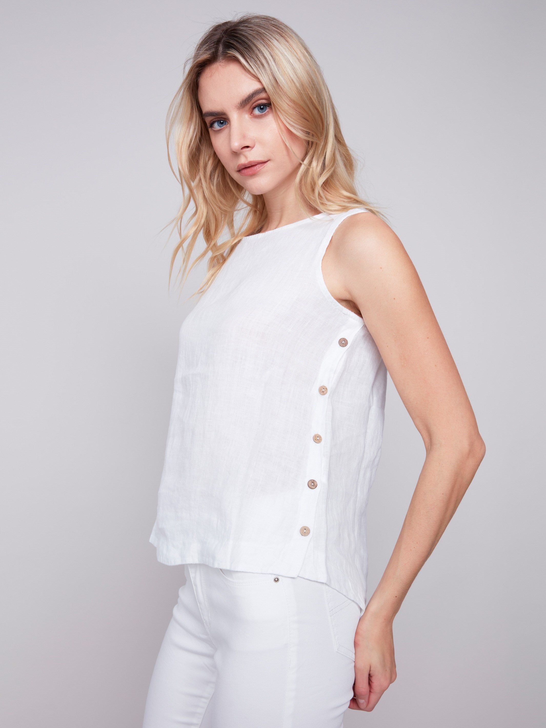 Sleeveless Linen Top with Side Buttons - White - Charlie B Collection Canada - Image 1