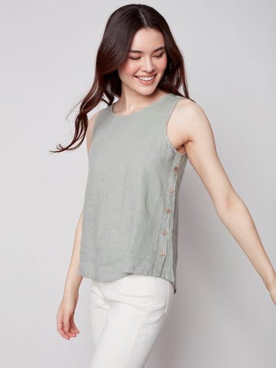 Sleeveless Linen Top with Side Buttons - Celadon - C4425 Charlie B Collection Canada