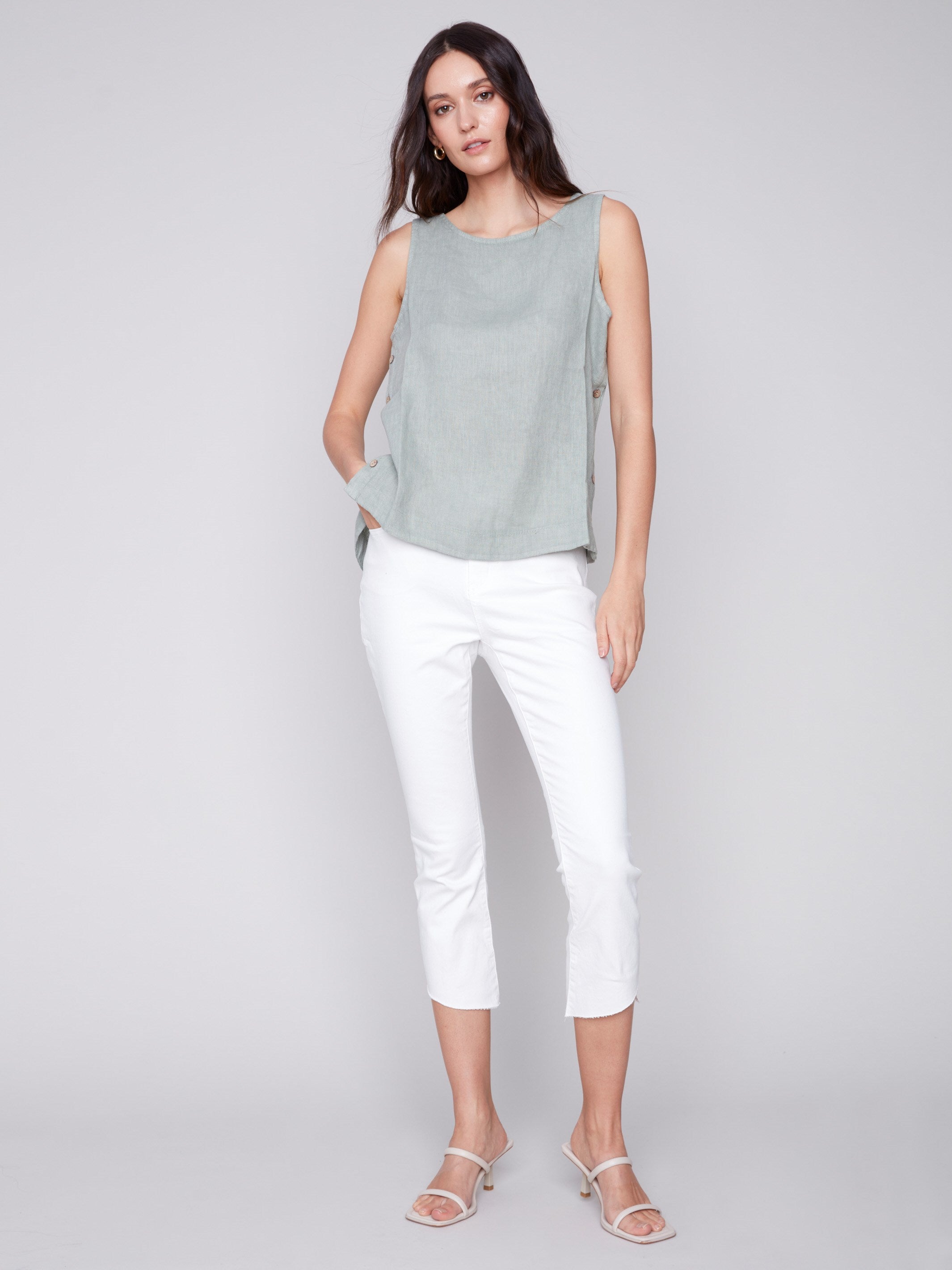 Sleeveless Linen Top with Side Buttons - Celadon - Charlie B Collection Canada - Image 3