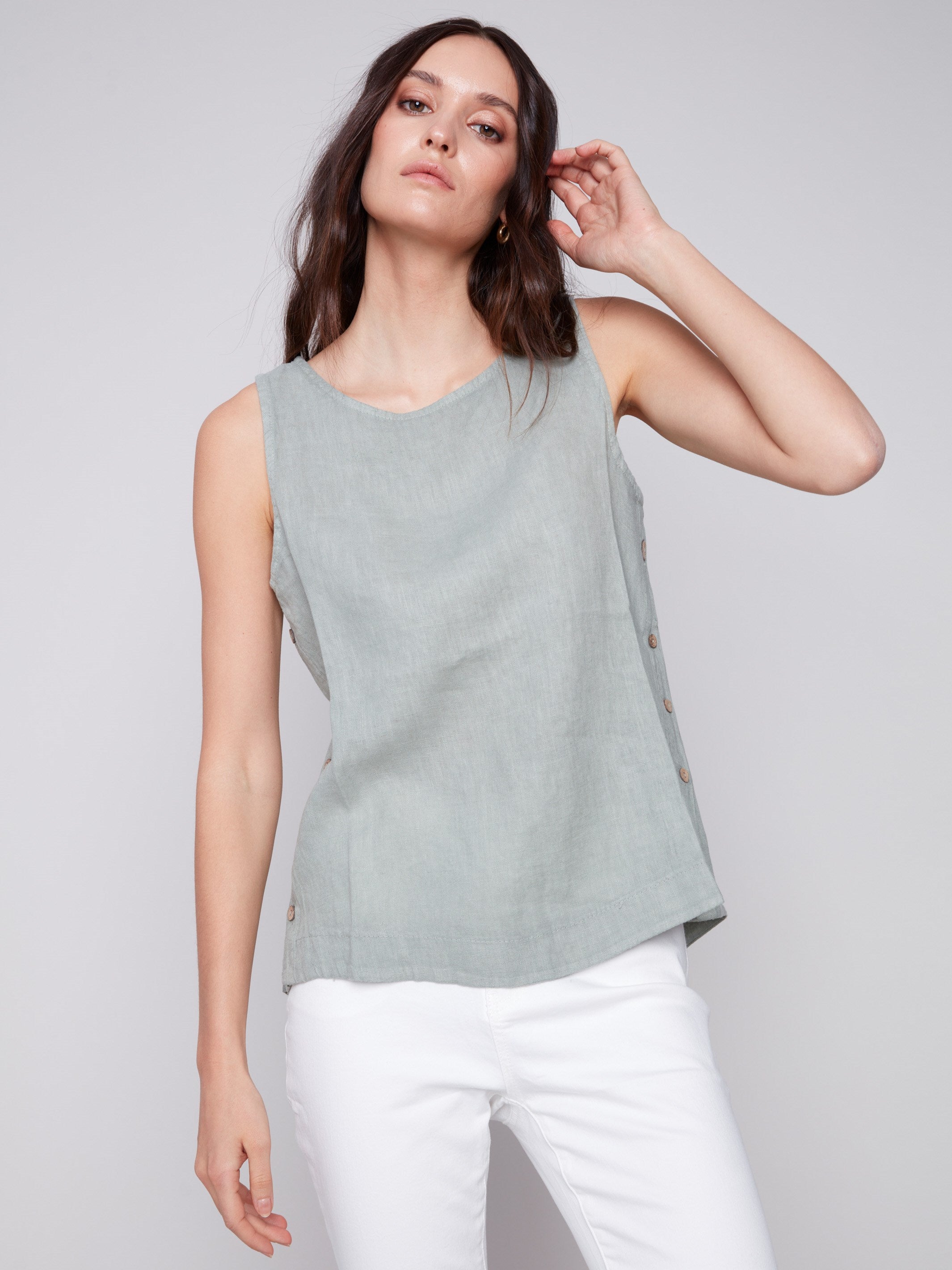 Sleeveless Linen Top with Side Buttons - Celadon - Charlie B Collection Canada - Image 4