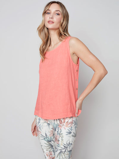 Sleeveless Linen Top with Side Buttons - Grapefruit - C4425 Charlie B Collection Canada 