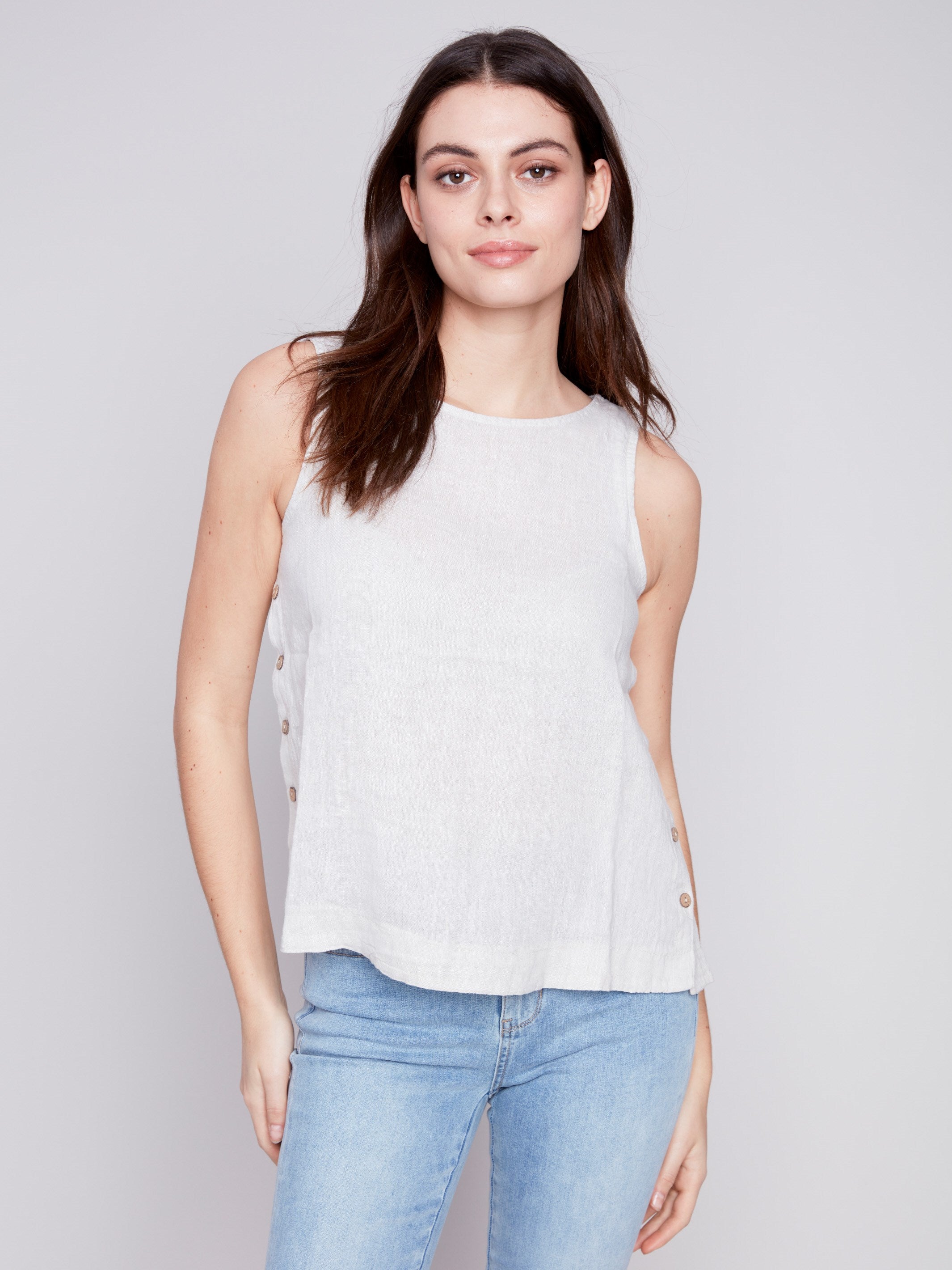 Sleeveless Linen Top with Side Buttons - Natural - Charlie B Collection Canada - Image 1