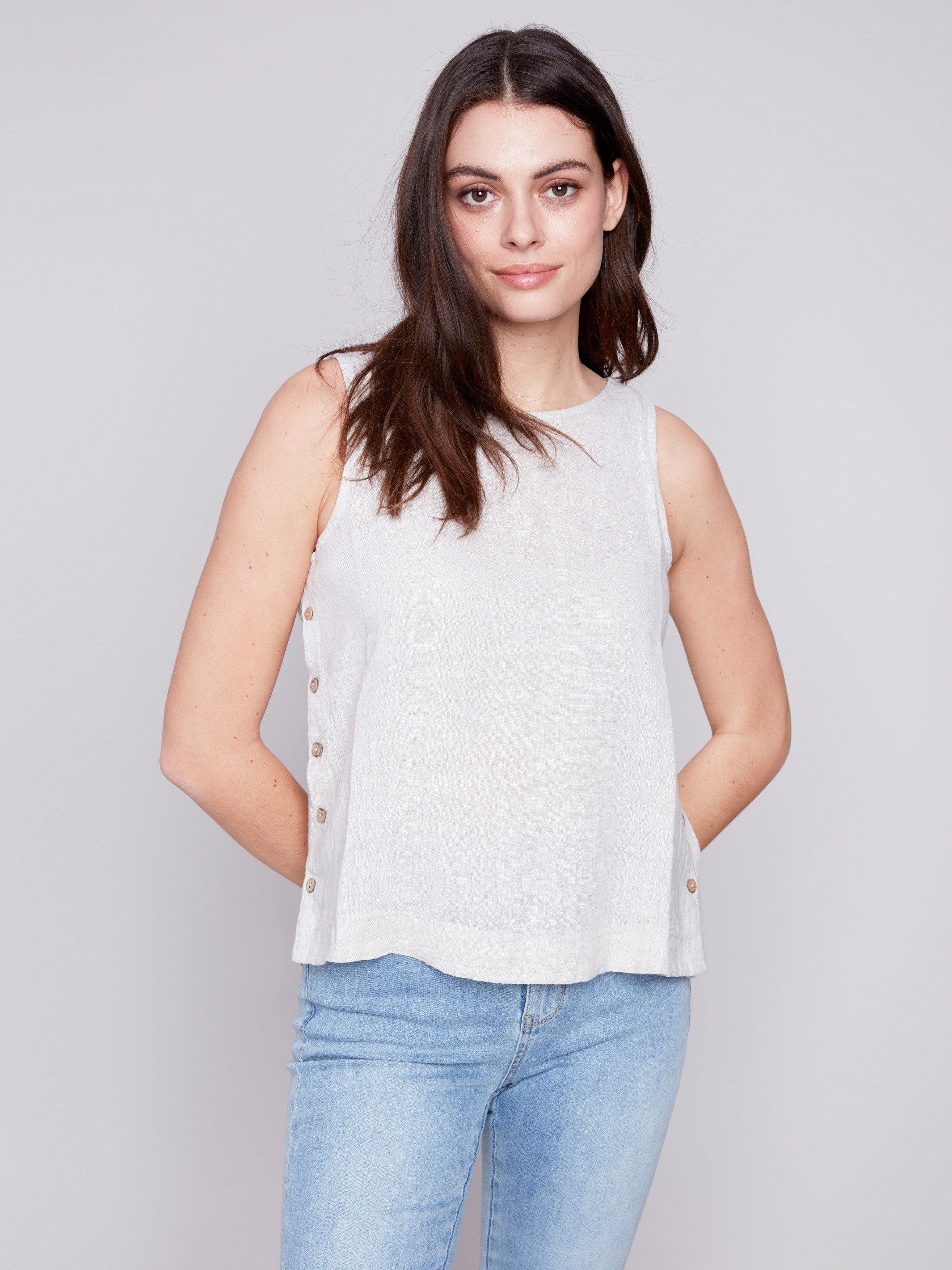 Sleeveless Linen Top with Side Buttons - Natural - Charlie B Collection Canada - Image 3
