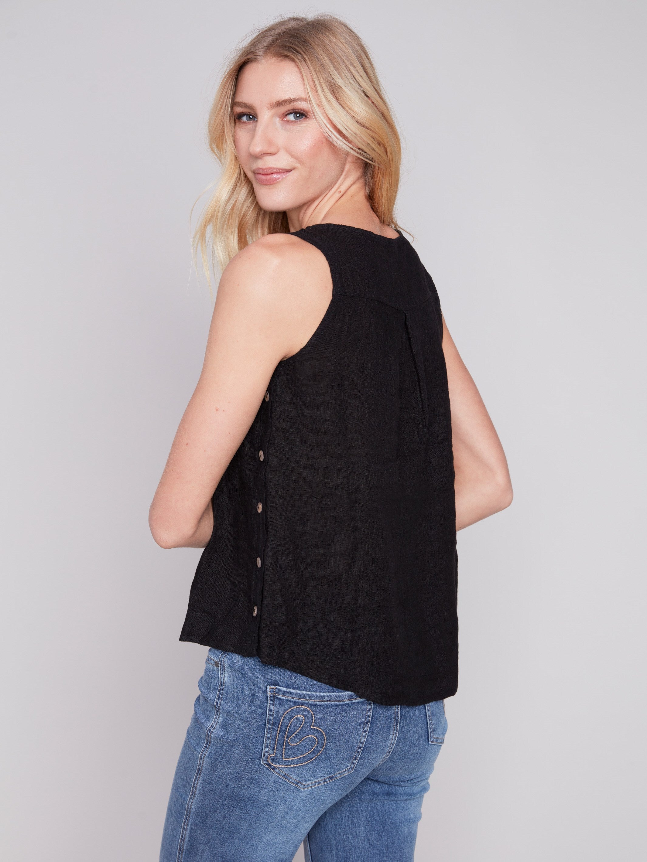 Sleeveless Linen Top with Side Buttons - Black - Charlie B Collection Canada - Image 2