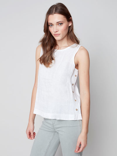 Sleeveless Linen Top with Side Buttons - White - C4425 Charlie B Collection Canada