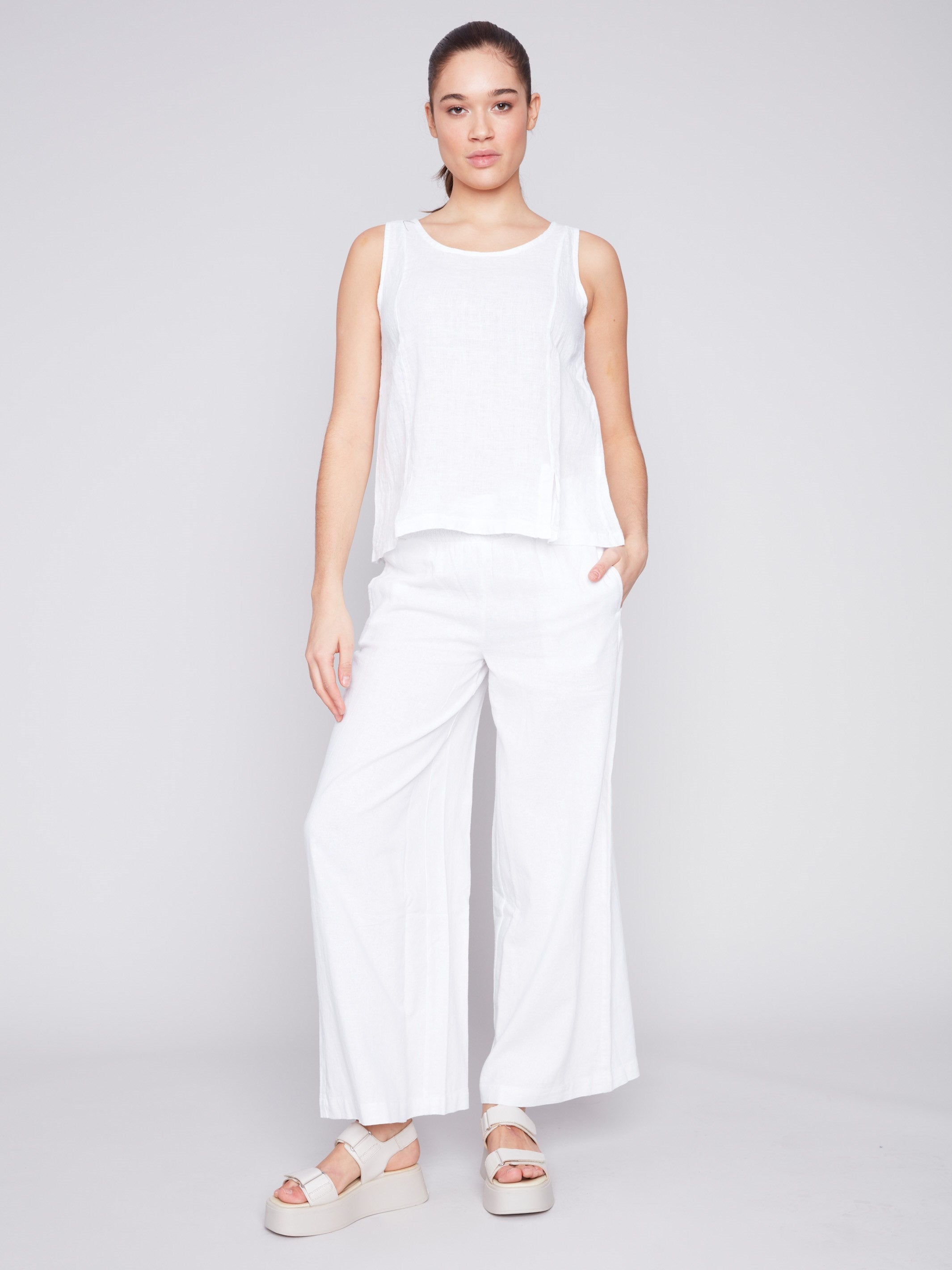 Sleeveless Linen Top with Slit - White - Charlie B Collection Canada - Image 2