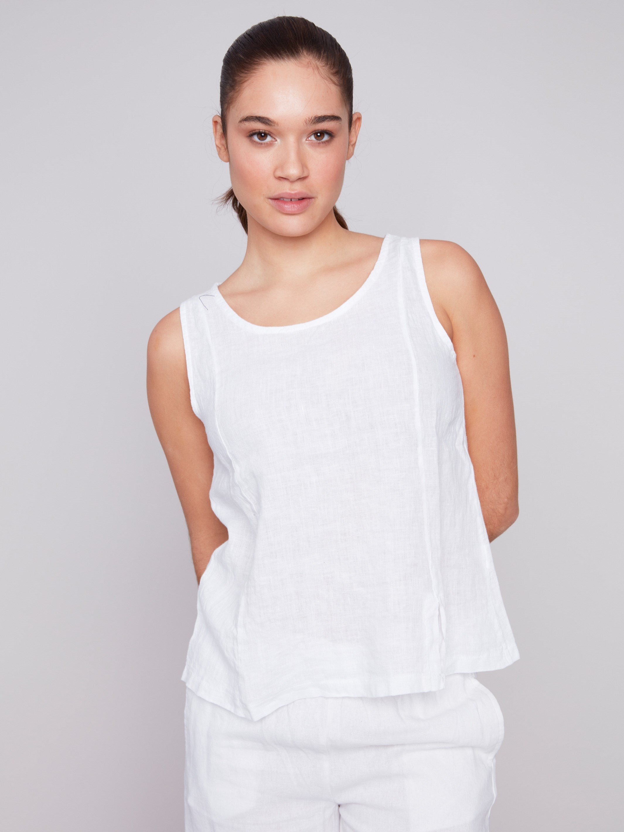 Sleeveless Linen Top with Slit - White - Charlie B Collection Canada - Image 4