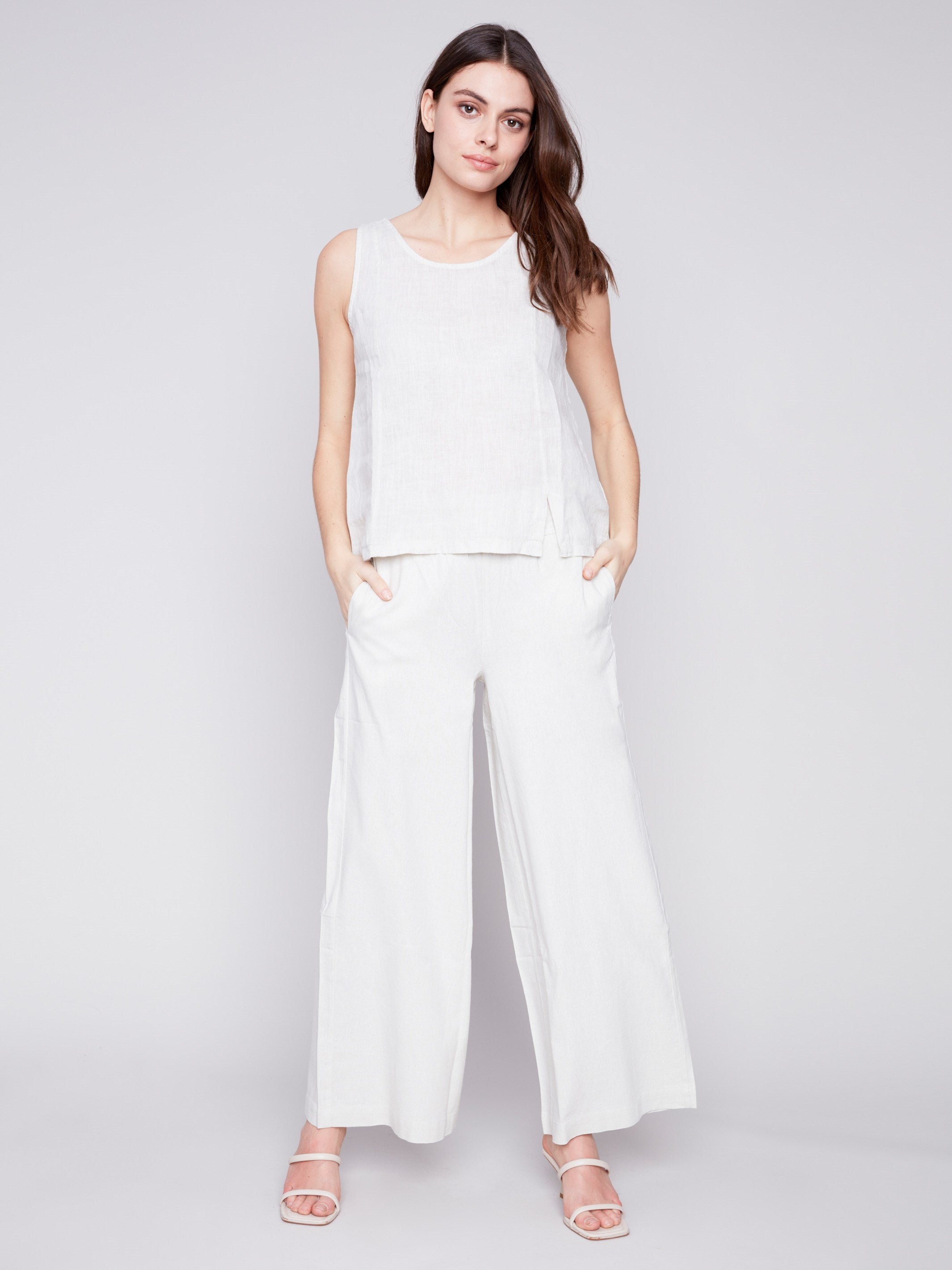 Sleeveless Linen Top with Slit - Natural - Charlie B Collection Canada - Image 2