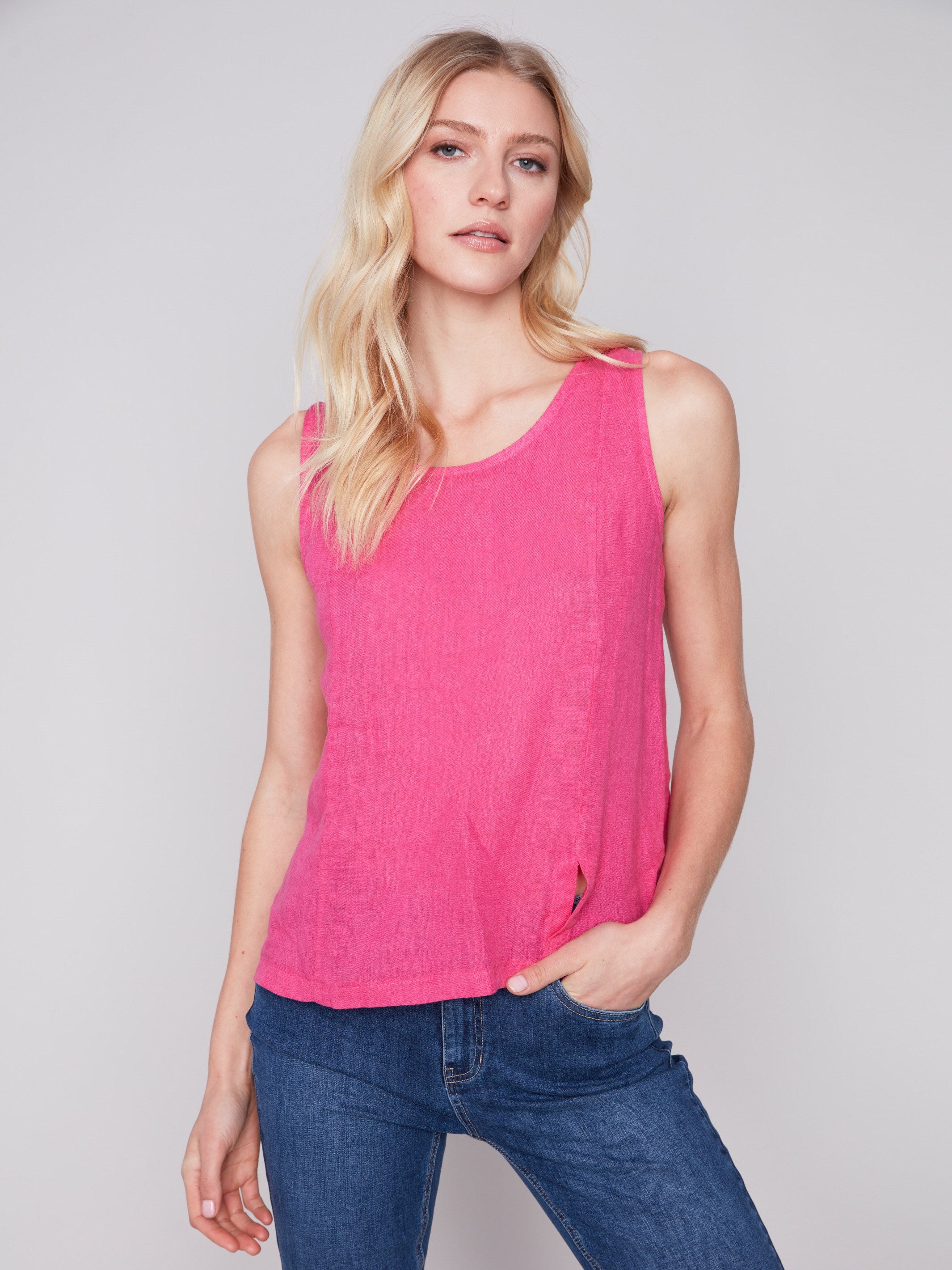 Sleeveless Linen Top with Slit - Punch - Charlie B Collection Canada - Image 4