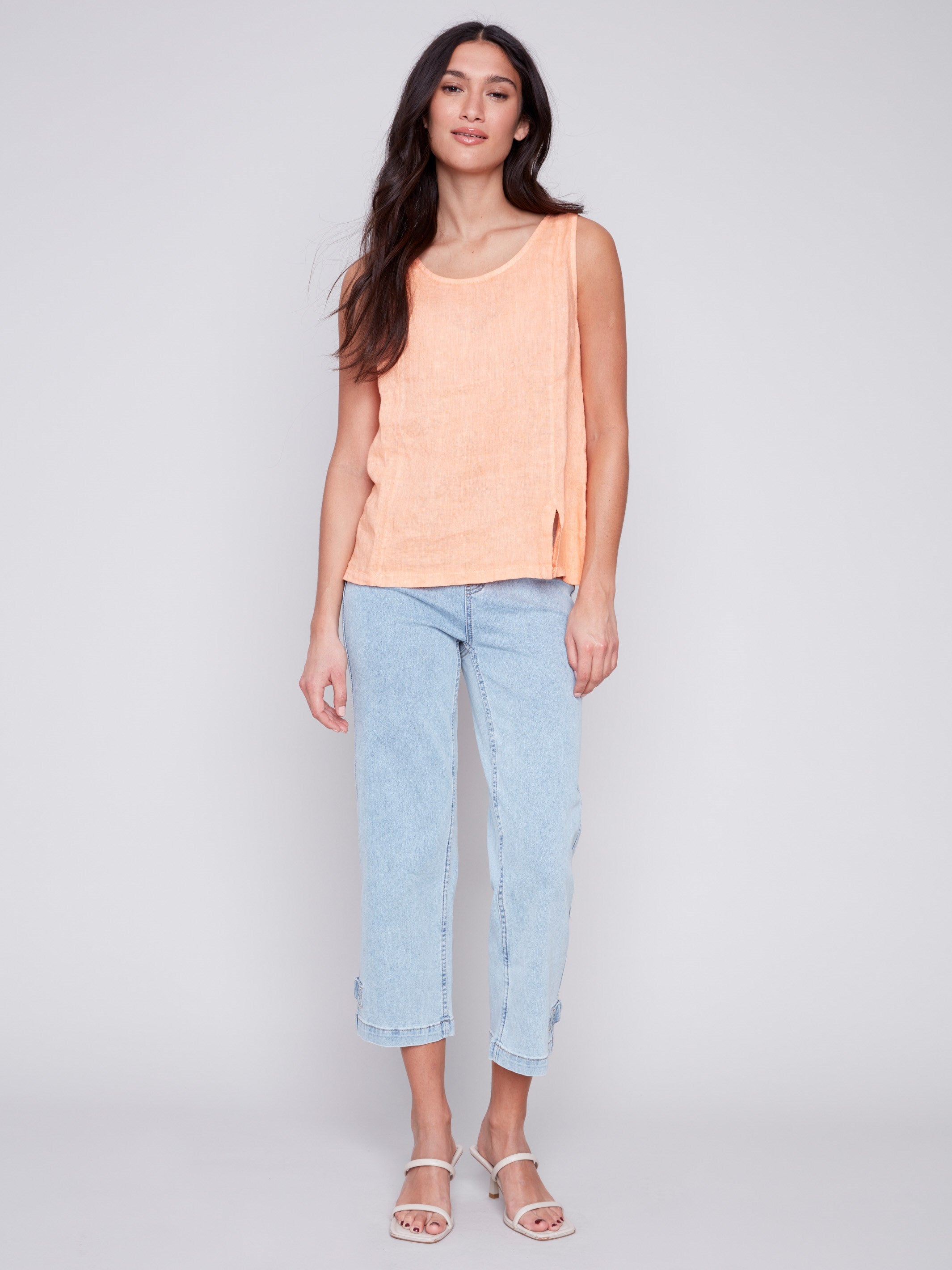 Sleeveless Linen Top with Slit - Tangerine - Charlie B Collection Canada - Image 2