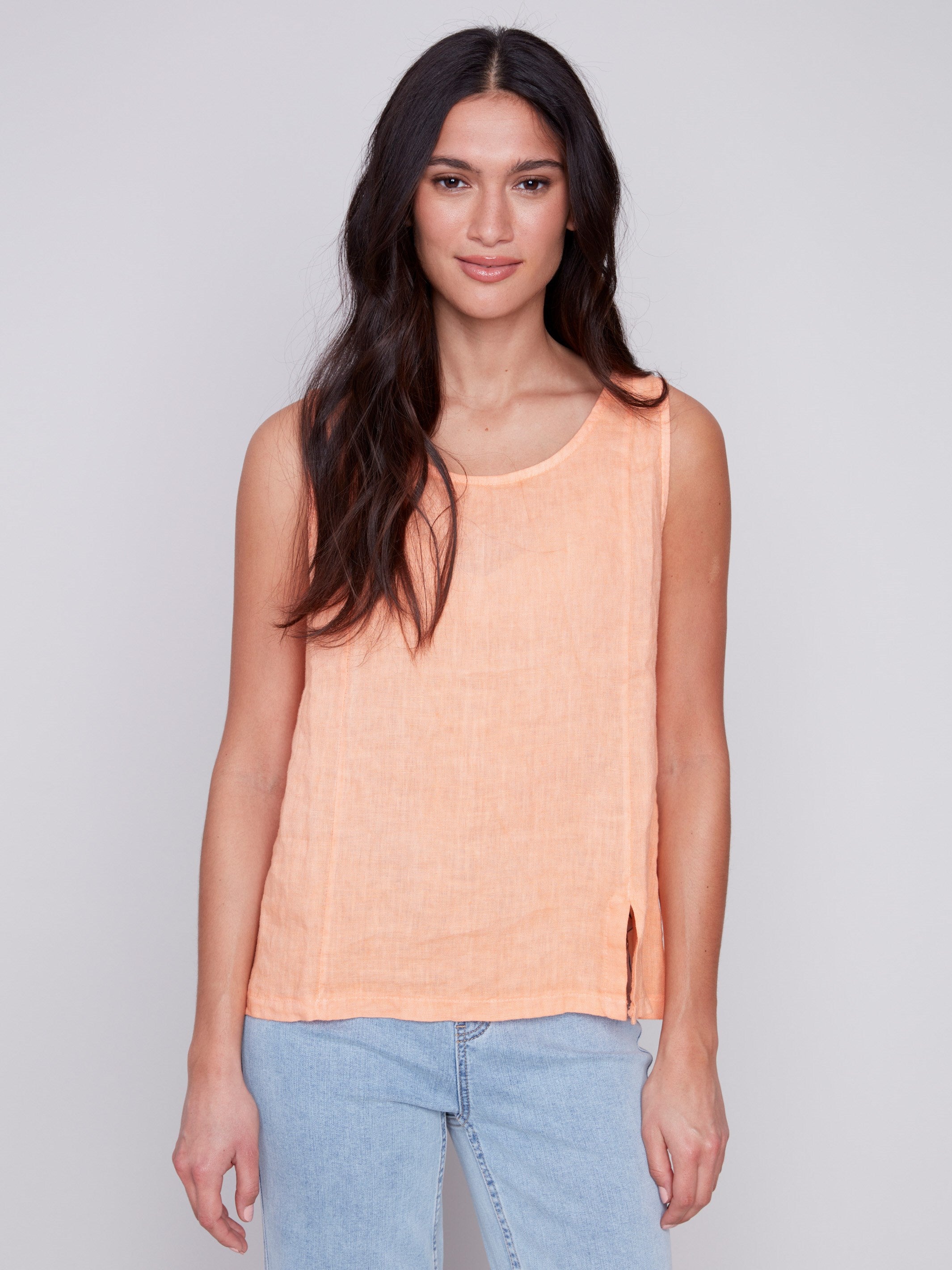 Sleeveless Linen Top with Slit - Tangerine - Charlie B Collection Canada - Image 3