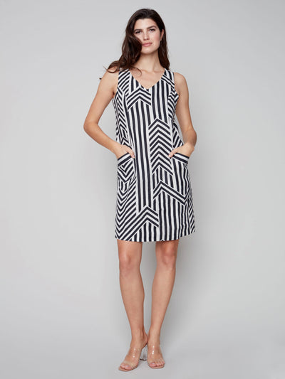 Sleeveless Printed A-Line Linen Dress - Black - C3115 Charlie B Collection Canada