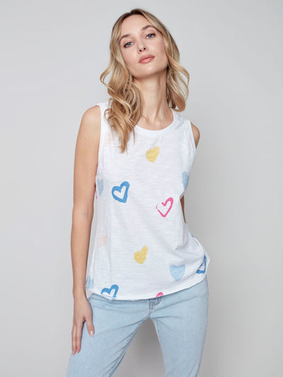 Sleeveless Printed Cotton Top - Hearts - C1313 Charlie B Collection Canada