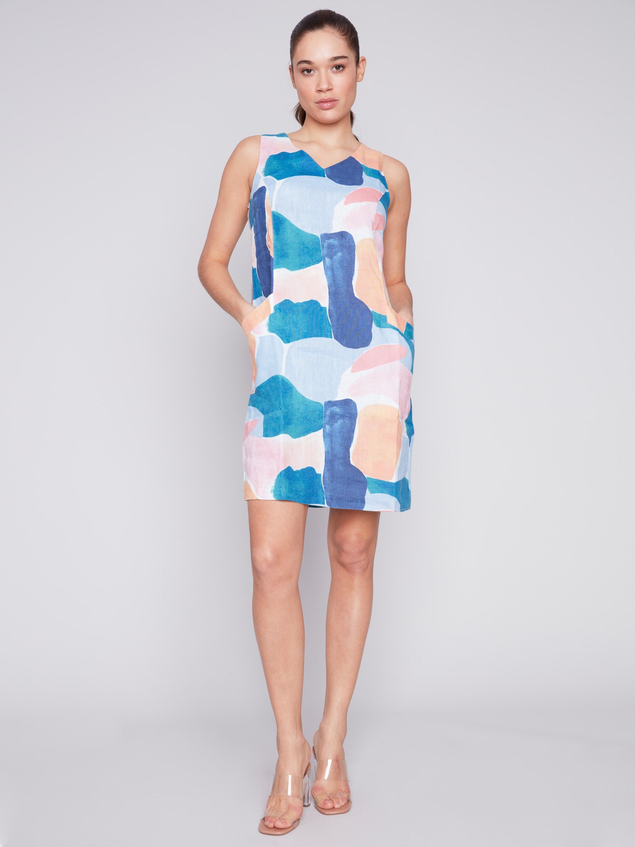 Sleeveless Printed Linen Dress - Abstract - Charlie B Collection Canada - Image 1