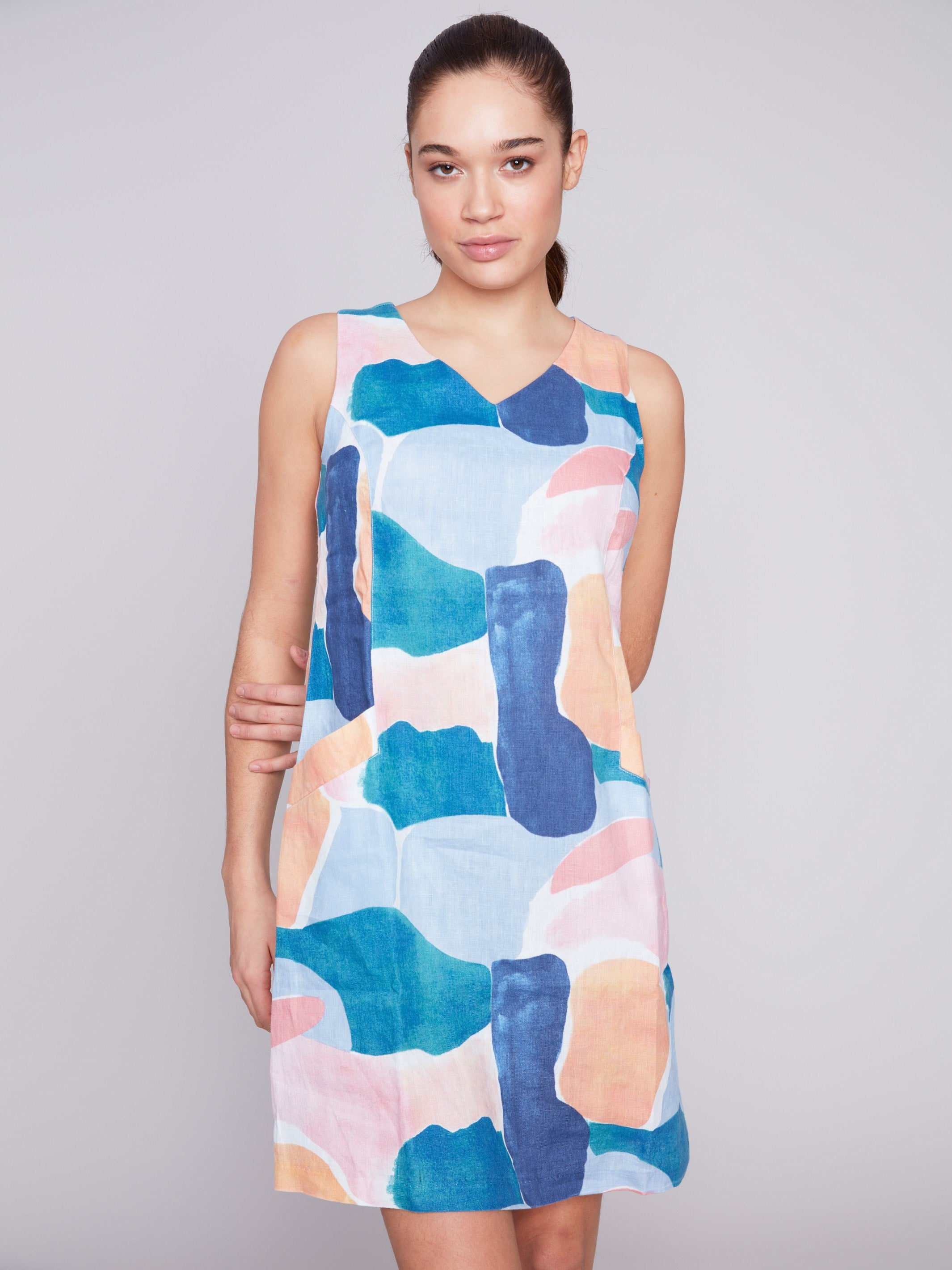 Sleeveless Printed Linen Dress - Abstract - Charlie B Collection Canada - Image 2
