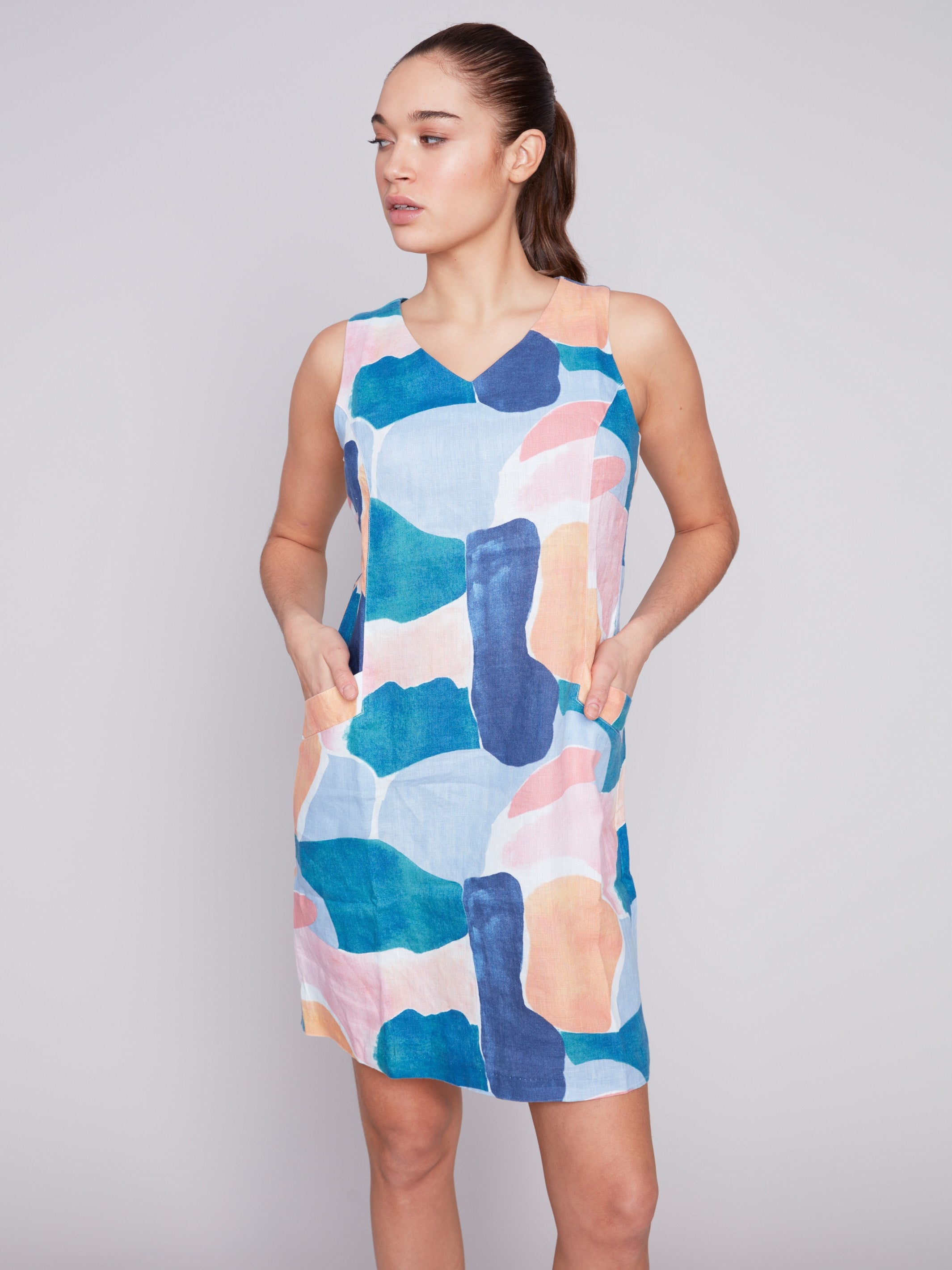 Sleeveless Printed Linen Dress - Abstract - Charlie B Collection Canada - Image 3