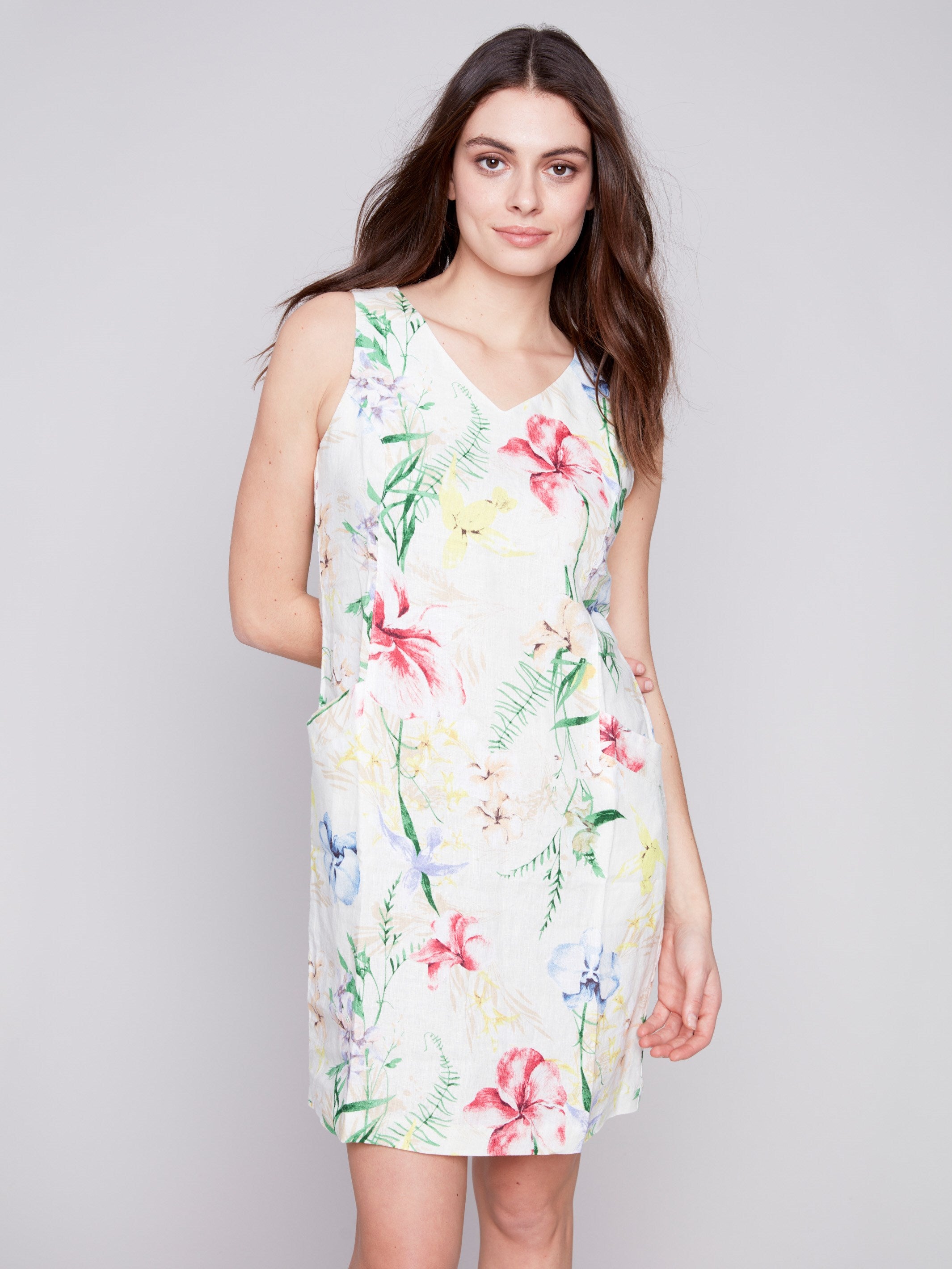 Sleeveless Printed Linen Dress - Wildflower - Charlie B Collection Canada - Image 1