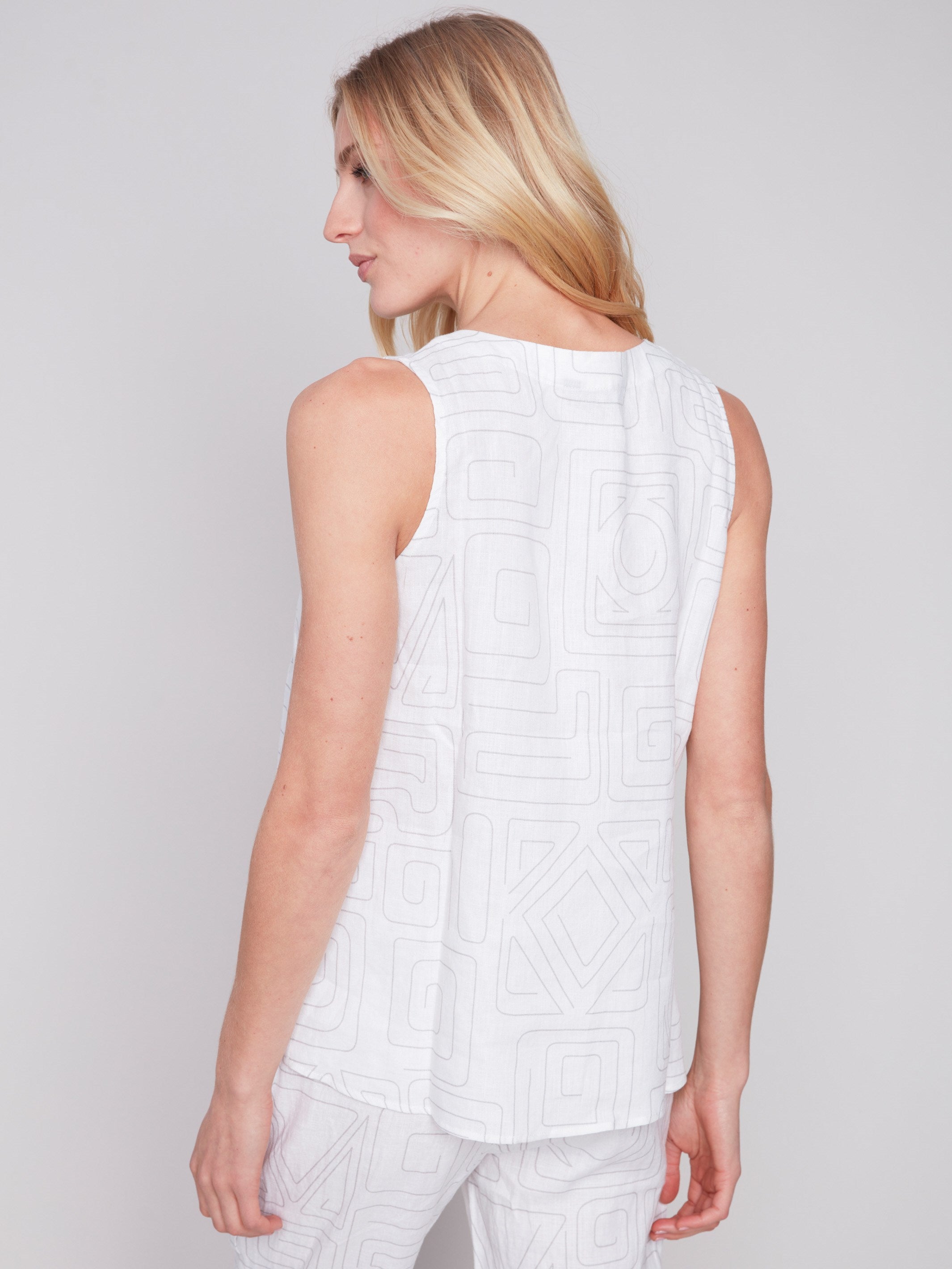 Sleeveless Printed Linen Top - Light Grey - Charlie B Collection Canada - Image 2