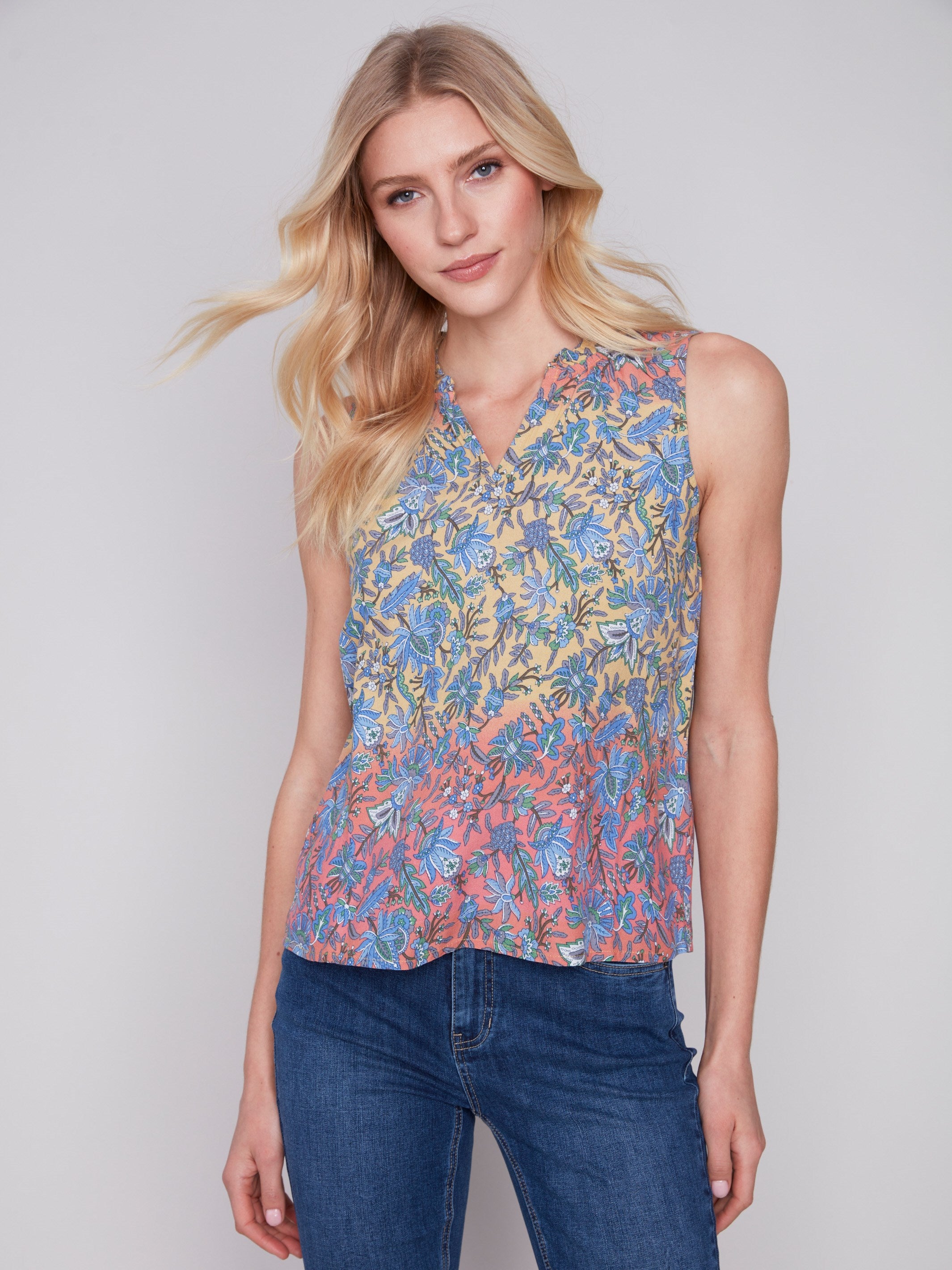 Sleeveless Printed Ruffle Neck Blouse - Glory - Charlie B Collection Canada - Image 3