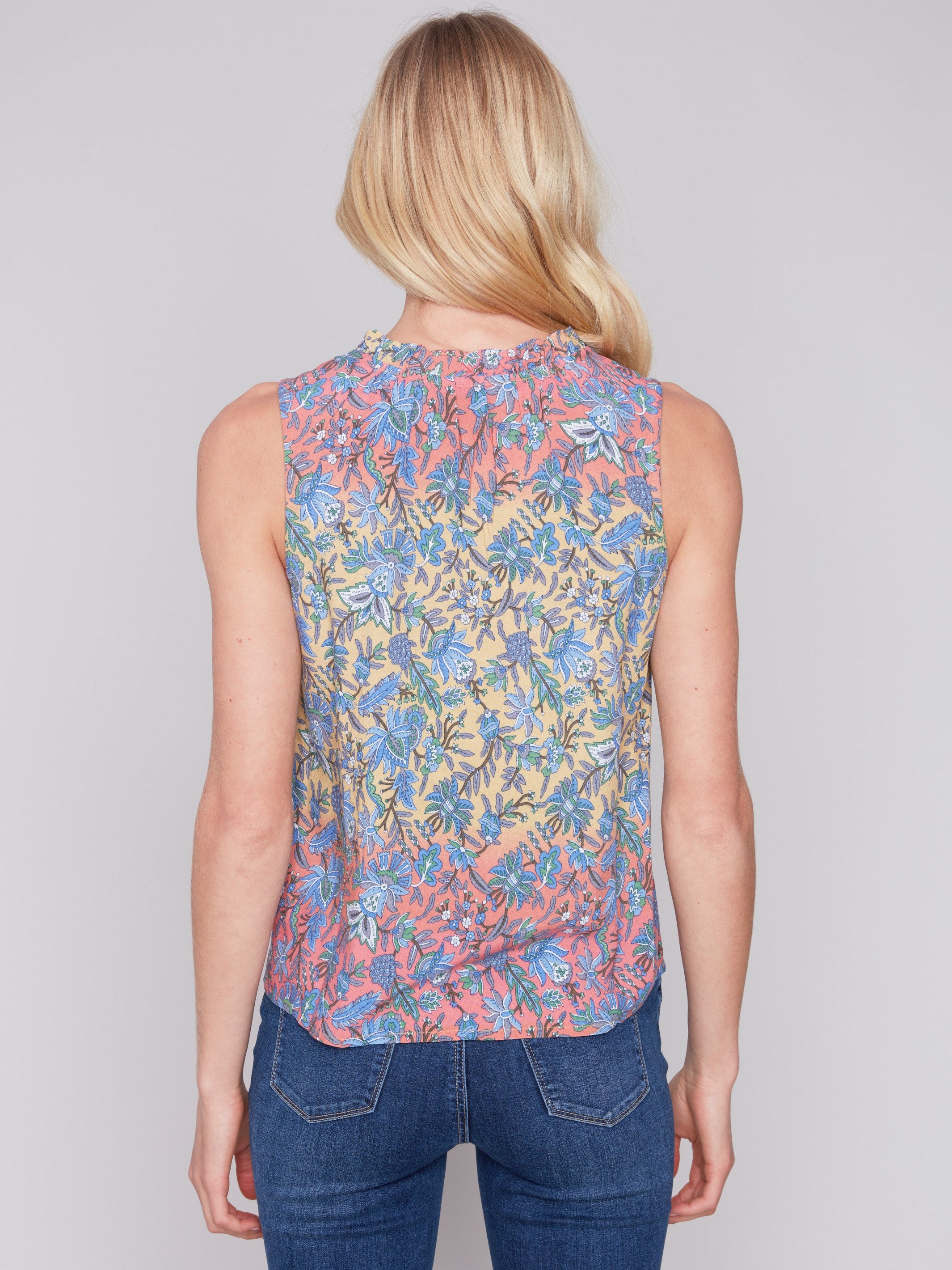 Sleeveless Printed Ruffle Neck Blouse - Glory - Charlie B Collection Canada - Image 4