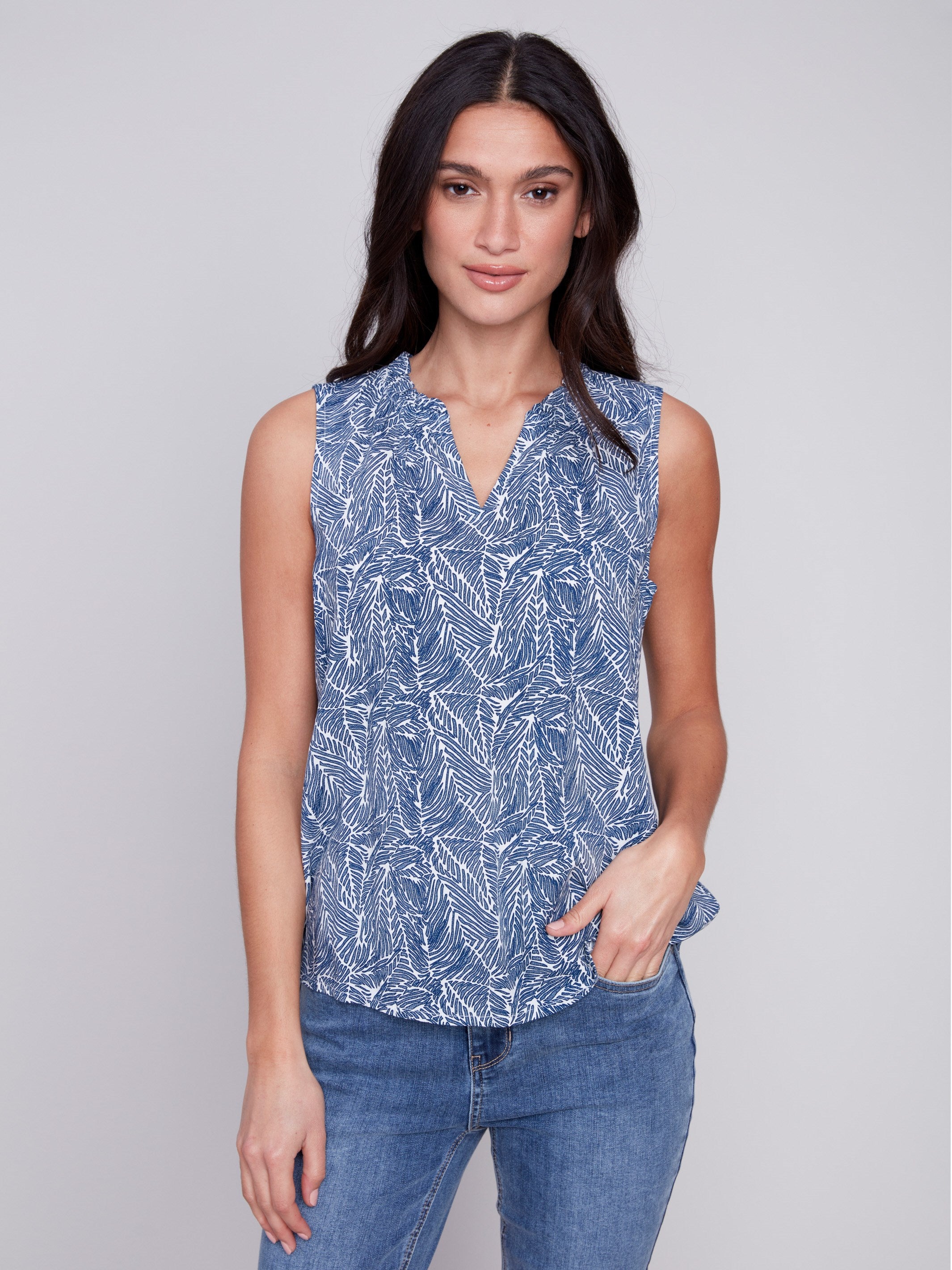 Sleeveless Printed Ruffle Neck Blouse - Petals - Charlie B Collection Canada - Image 1