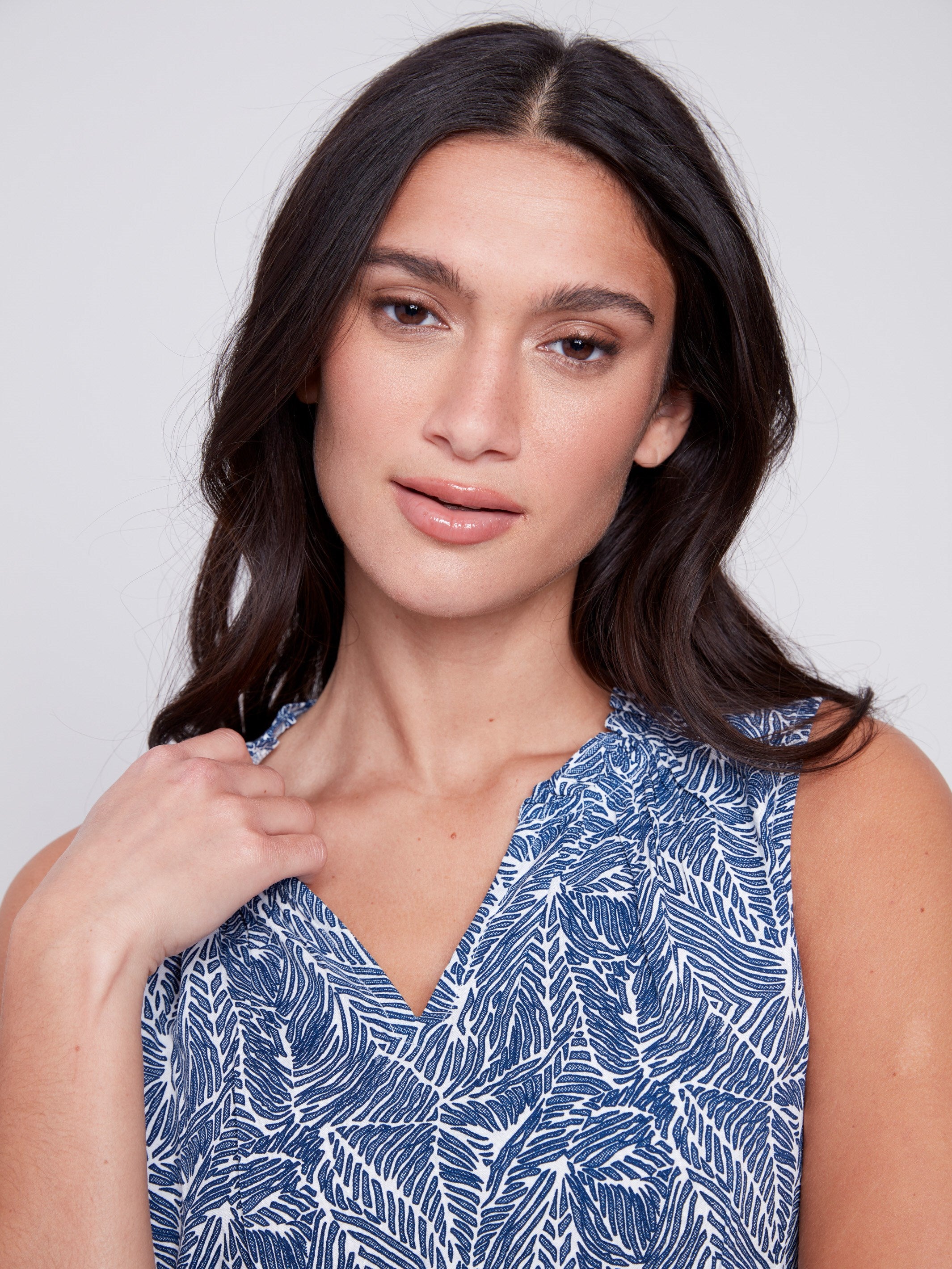 Sleeveless Printed Ruffle Neck Blouse - Petals - Charlie B Collection Canada - Image 4