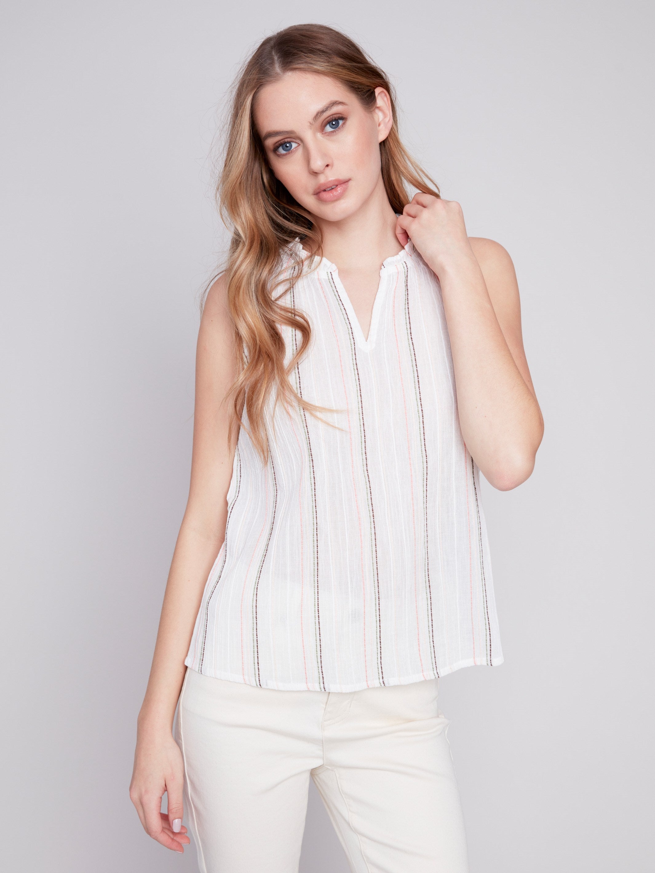 Sleeveless Printed Ruffle Neck Blouse - Stripes - Charlie B Collection Canada - Image 1