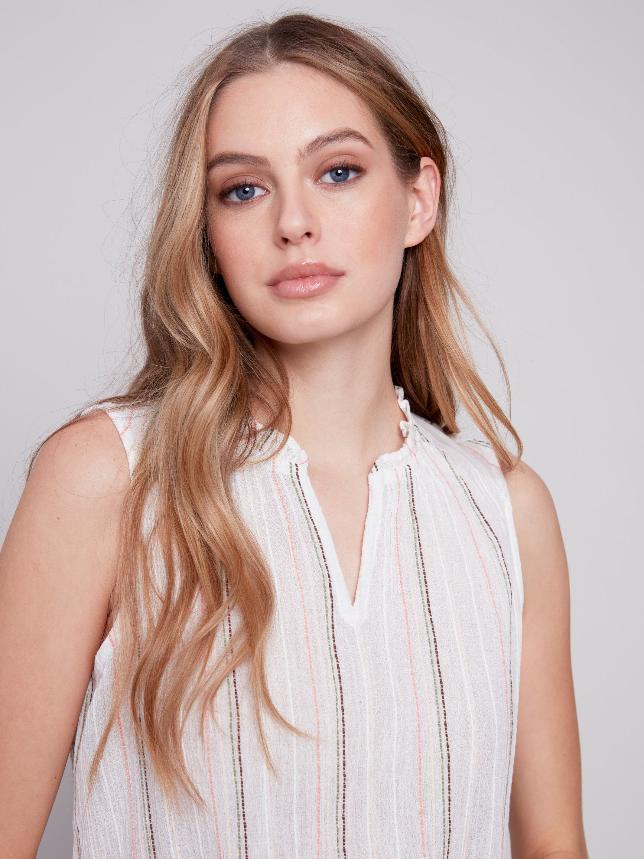 Sleeveless Printed Ruffle Neck Blouse - Stripes - Charlie B Collection Canada - Image 4