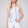 Sleeveless Striped Linen Top with Button Detail - Denim - Charlie B Collection Canada - Image 1