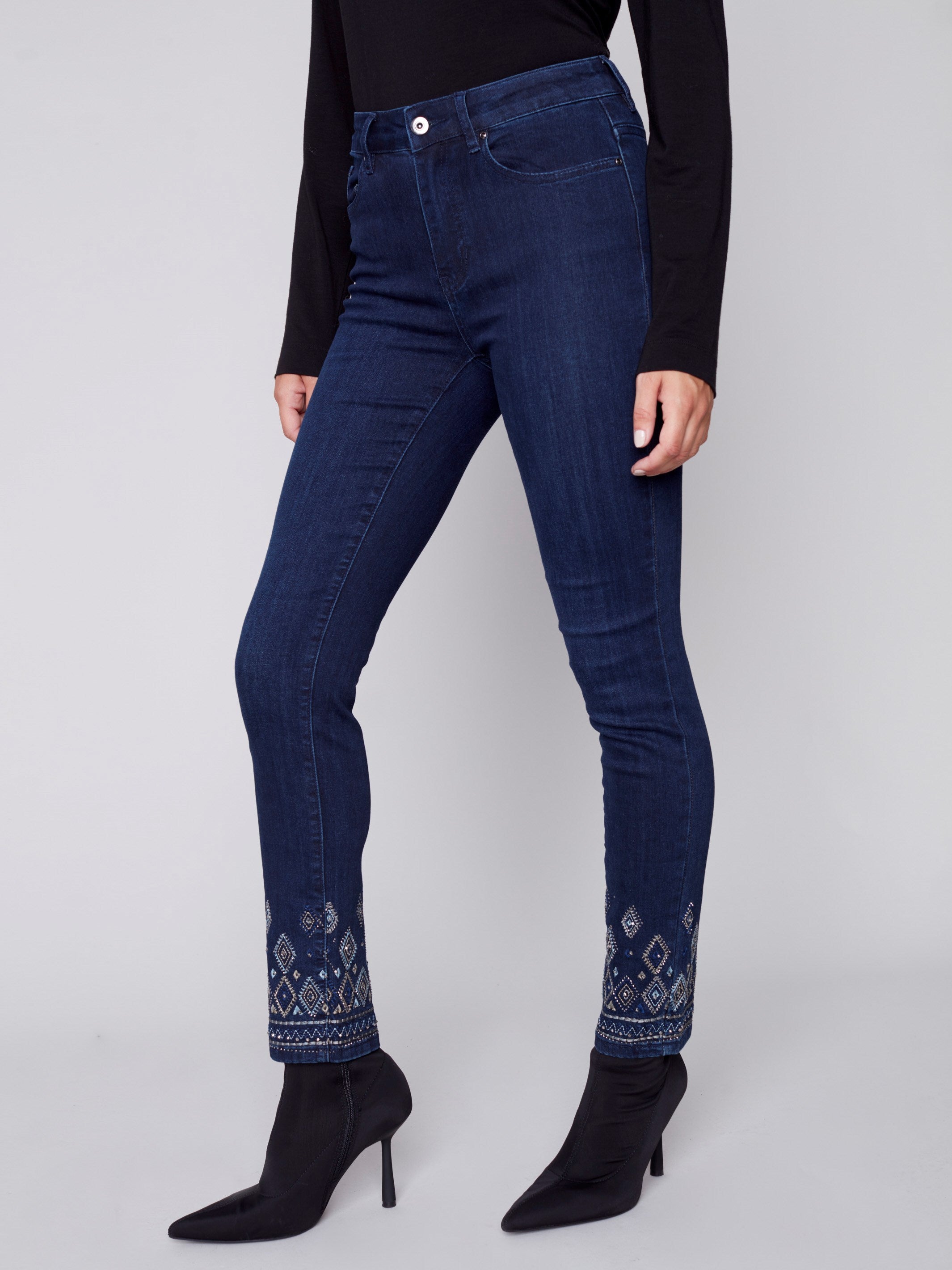 Slim Leg Jeans with Geometric Embroidery - Blue Black