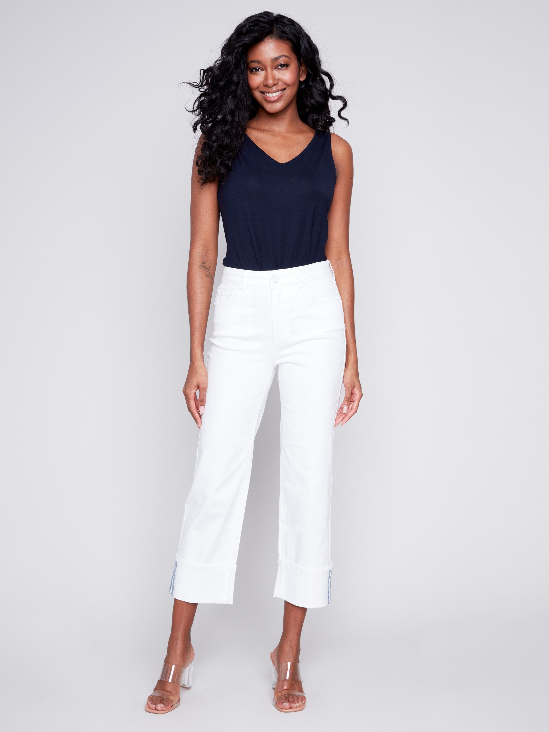 Straight Leg Jeans with Folded Cuff - White - Charlie B Collection Canada - Image 1