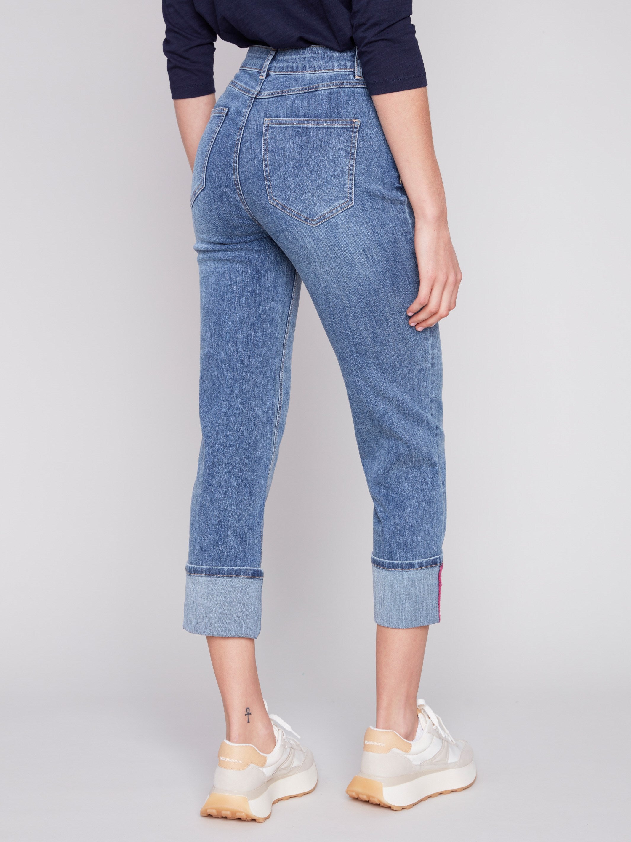 Straight Leg Jeans with Folded Cuff - Medium Blue - Charlie B Collection Canada - Image 3