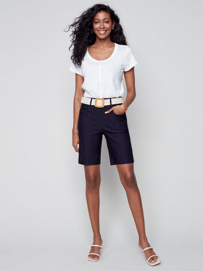 Stretch Bengaline Shorts with Belt - Marine - C8047 Charlie B Collection Canada